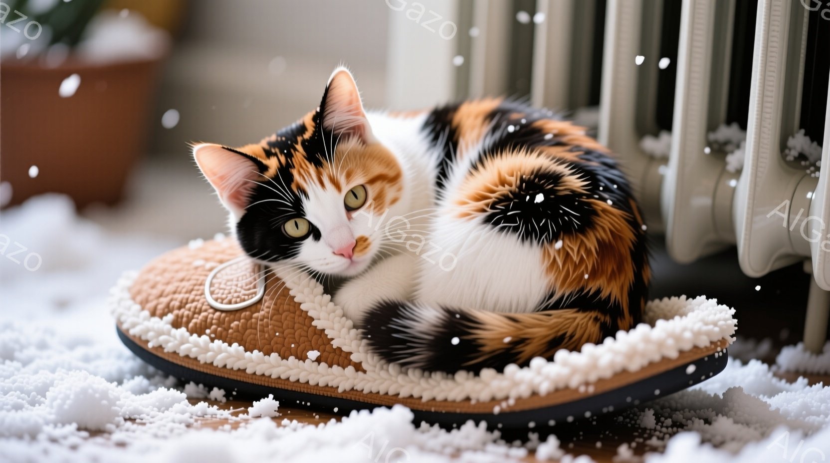 白、黒、オレンジ色のまだら模様の猫が、ふわふわした茶色のスリッパの中で丸まって眠っています。猫の表情は穏やかで、目は少し開いていて、リラックスした様子が伝わってきます。背景には白く雪のようなものが舞っており、暖炉のようなものがぼんやりと見え、冬の穏やかな雰囲気が漂っています。