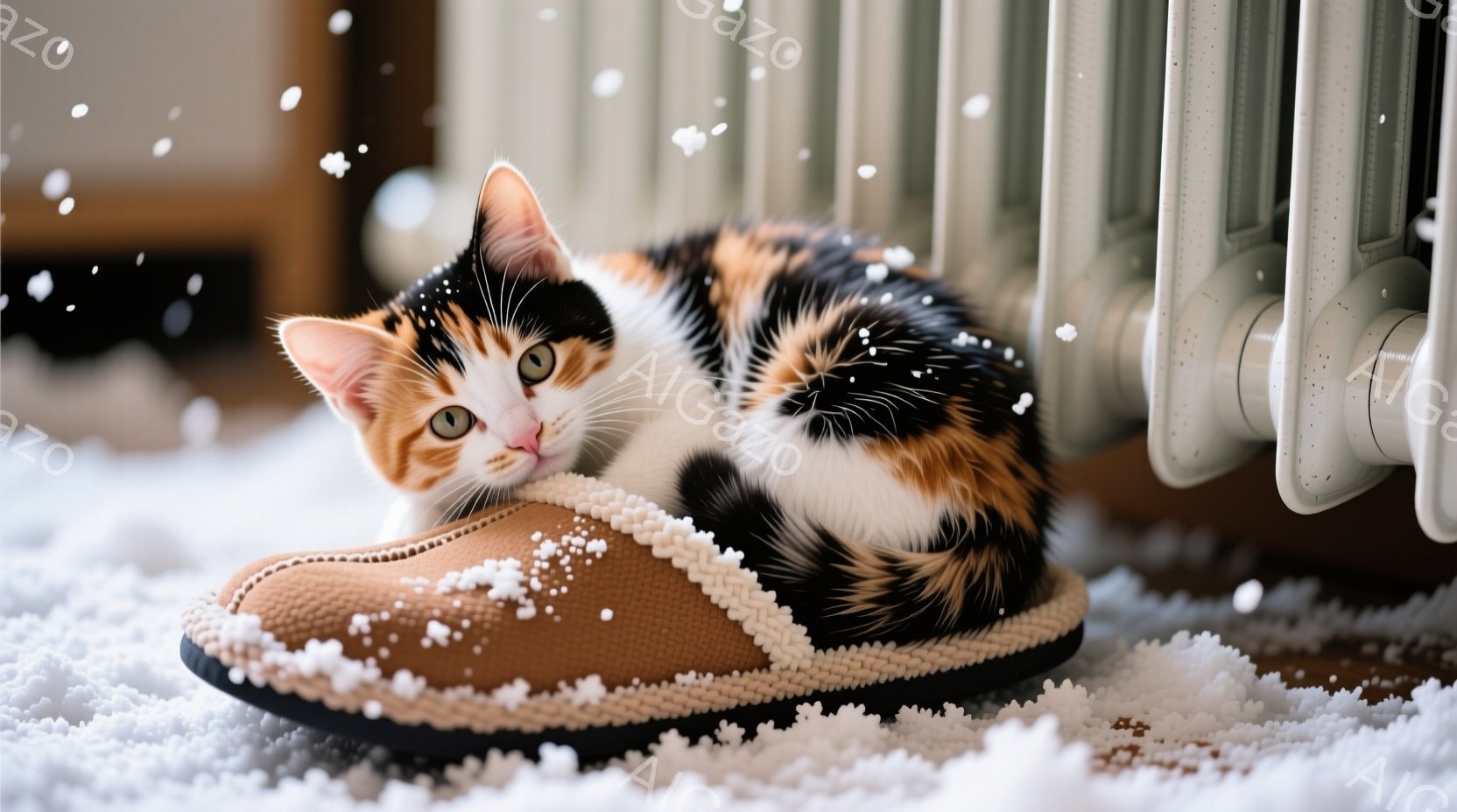 白と黒とオレンジ色のまだら模様の猫が、茶色のスリッパに寄り添って眠っています。背景には、白く雪が降っているように見えるぼやけた風景と、白っぽいラジエーターが見えます。全体的に暖かく、穏やかで、冬の日のほのぼのとした雰囲気が漂っています。