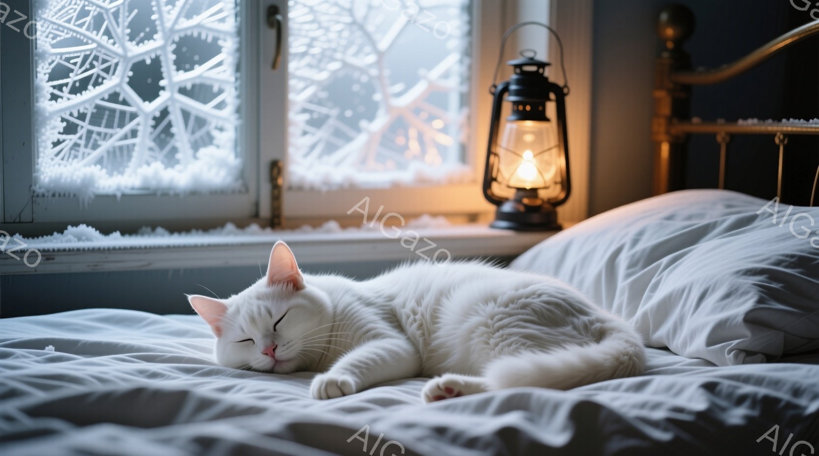 白い猫がベッドの上で丸まって眠っており、穏やかな表情をしています。窓には霜が降りており、外は冬の寒々とした景色が広がっています。ベッドの脇には点灯したランタンがあり、暖かく幻想的な雰囲気を醸し出してい - AI生成フリー素材