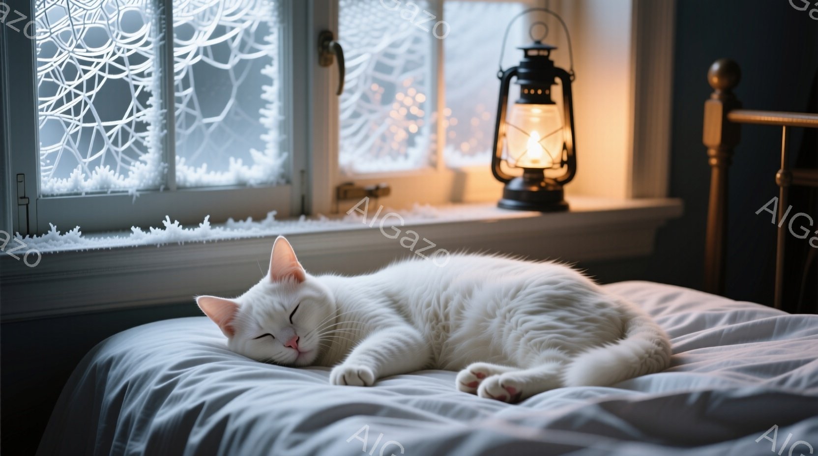 白い猫がベッドの上で目を閉じて眠っています。窓には霜が降りており、暖炉のようなランタンが柔らかい光を放ち、温かく静かな冬の雰囲気を醸し出しています。部屋全体が穏やかで、安らぎに包まれている様子が伝わってきます。