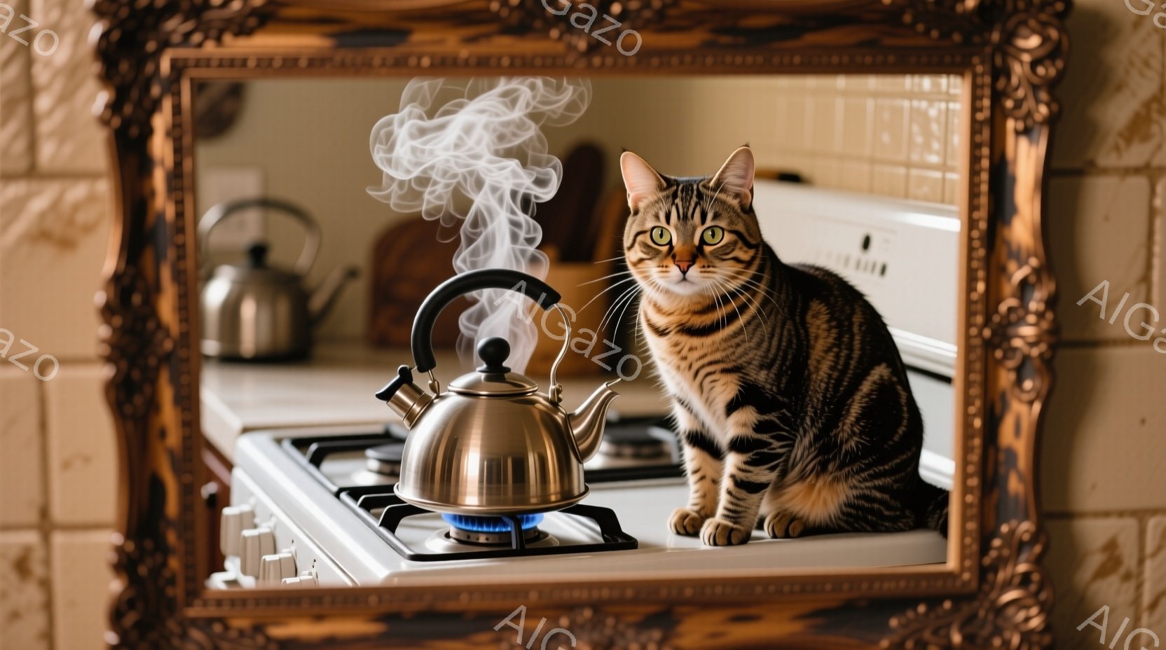 茶色の縞模様の猫がキッチンカウンターのガスコンロに座り、銀色のやかんの隣で前足を揃えてこちらを見ている。やかんからは湯気が立ち上り、やかんと猫の間に青い炎が見える。背景には、白と灰色のタイルが並んだ壁 - AI生成フリー素材