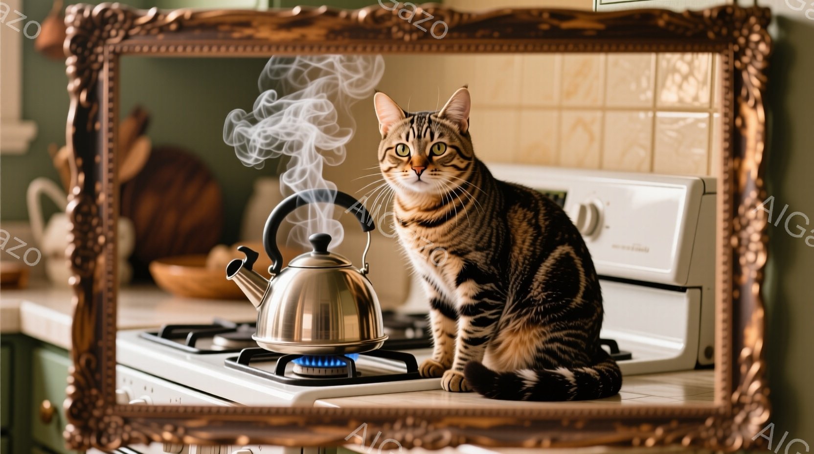 縞模様の猫が、青い炎が灯るガスコンロのそばに座っており、金属製のやかんから立ち上る湯気を見つめている。キッチンはレトロな雰囲気で、白地に淡い緑色の壁、そして木製の棚が背景に見える。猫の表情は落ち着いており、温かくユーモラスな雰囲気が漂っている。