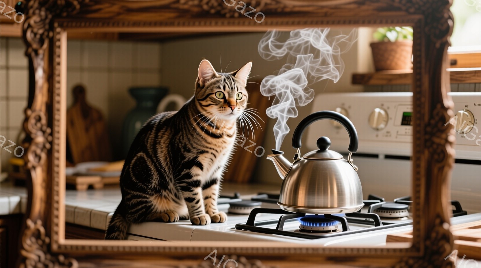 白と黒の縞模様の猫が、点火されたガスコンロの上に座り、興味深そうに銀色の湯沸かし器を見つめている。湯沸かし器からは湯気が立ち上り、キッチンという背景には木製のカウンターや植物が見え、温かく穏やかな家庭的な雰囲気が漂っている。猫はリラックスした姿勢で、周囲の様子を観察している様子が伺える。