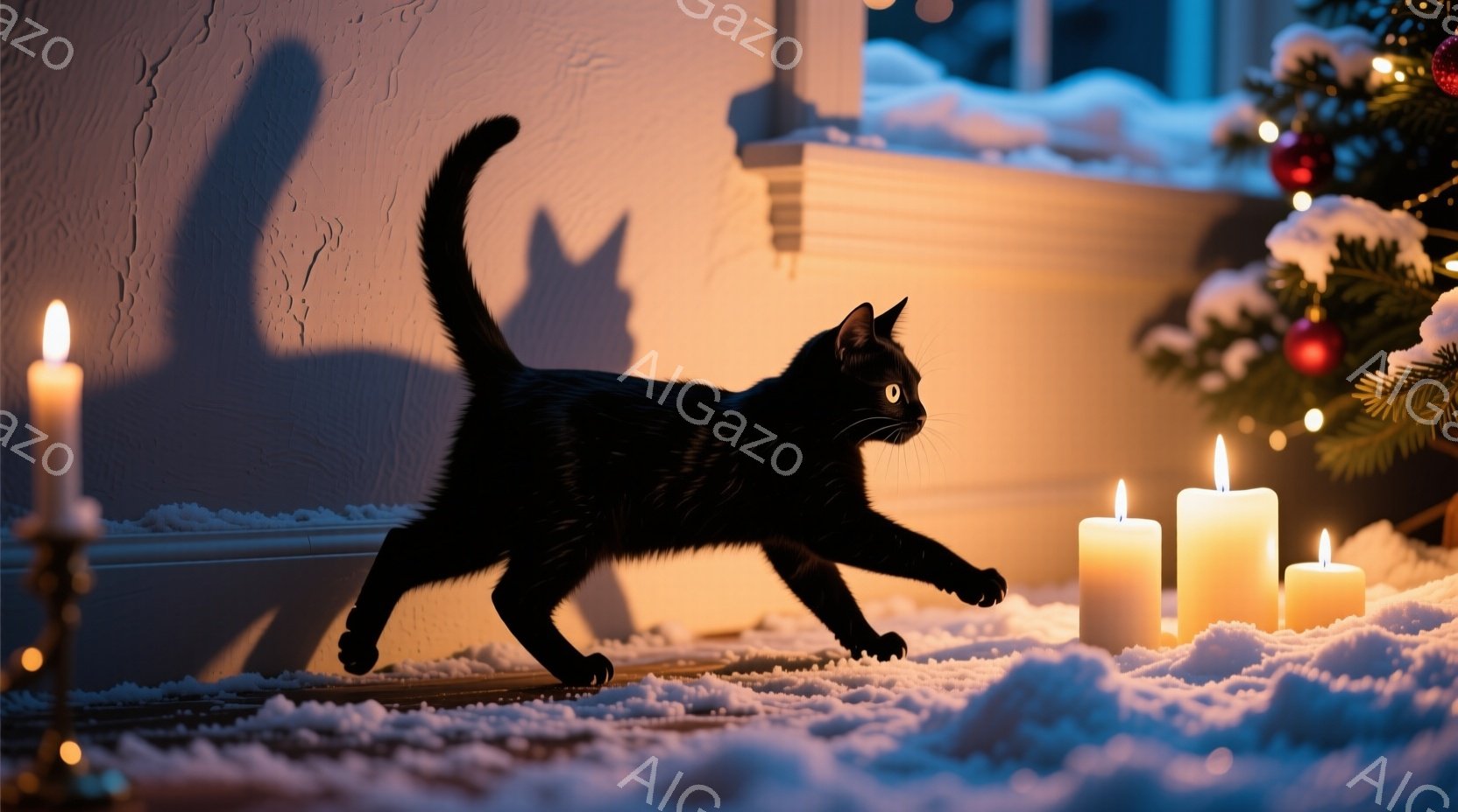 黒猫が雪のような白い背景の上を歩いている様子が捉えられています。背景にはクリスマスの飾り付けが施されたクリスマスツリーが見え、暖かく柔らかな光が猫と背景を照らしています。全体的に、温かく幻想的な冬の雰 - AI生成フリー素材
