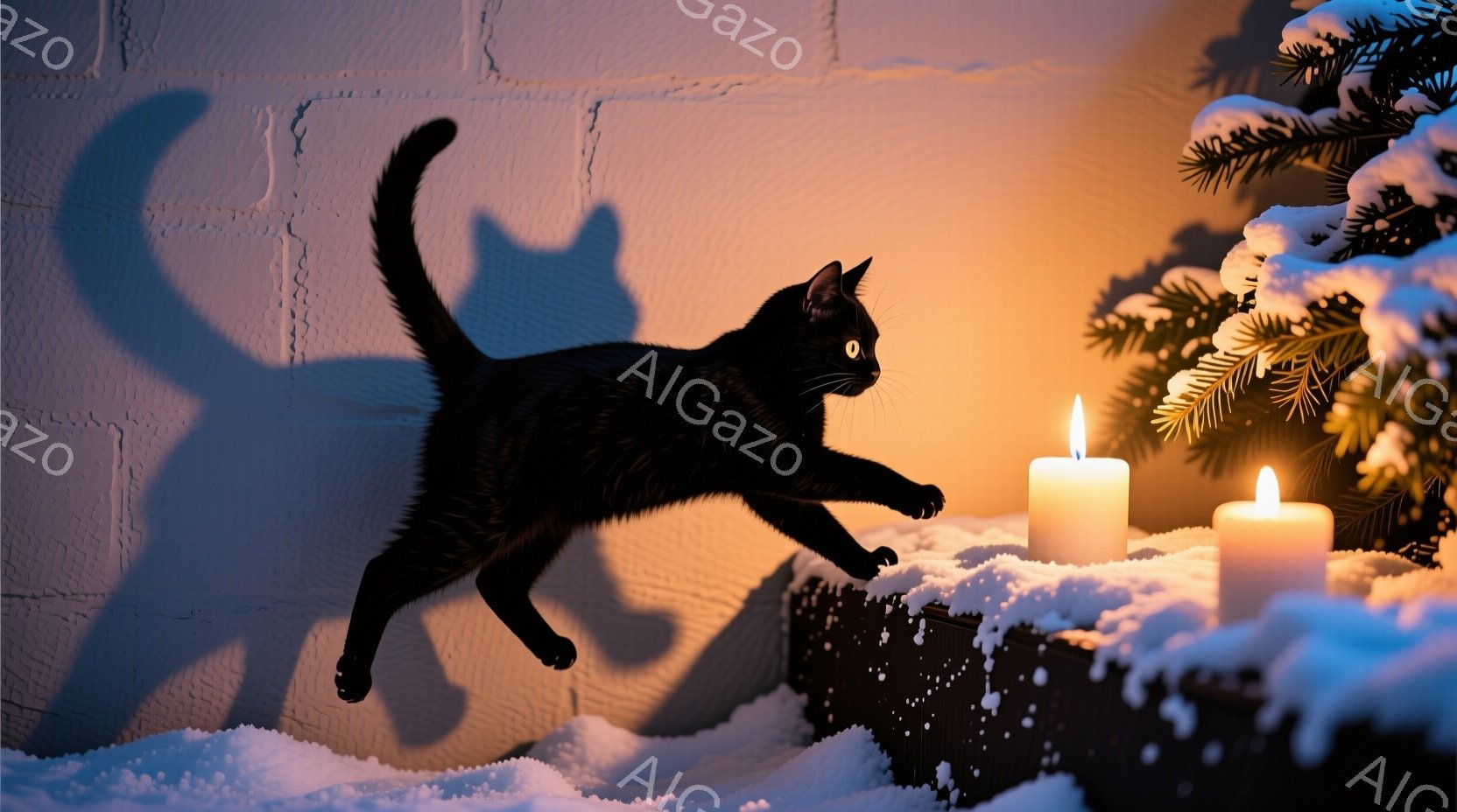真っ黒な猫が雪の上に飛び跳ねている様子が捉えられています。背景には白い壁と、雪に覆われた植物、そして点灯したキャンドルが並んでいます。 全体的に、暖かく、静かで、冬の夜の穏やかな雰囲気が漂っています。 - AI生成フリー素材