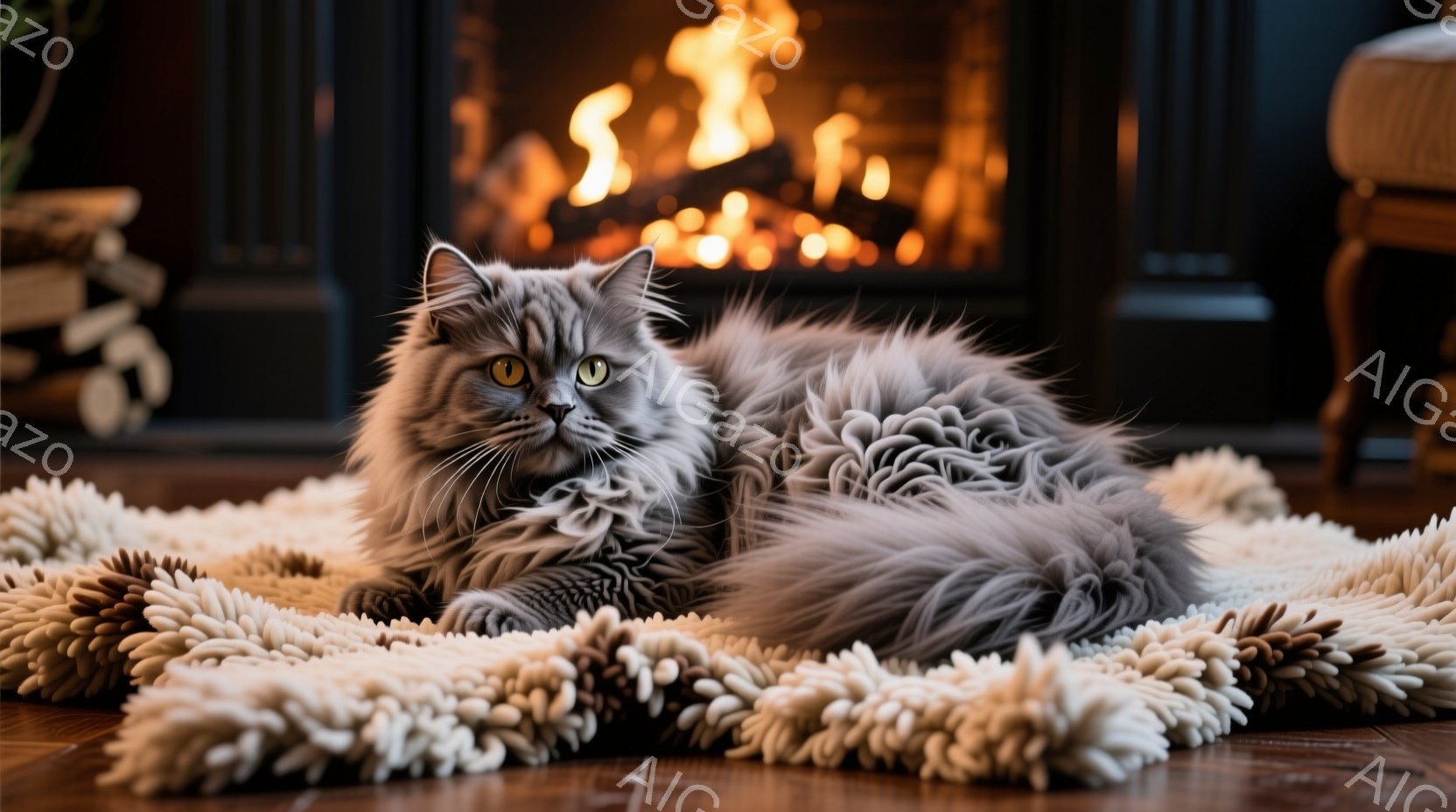 長毛の灰色の猫が、クリーム色のフワフワとしたラグの上に横たわっています。猫はリラックスした表情で、視線をカメラに向けています。背景には暖炉があり、燃え盛る炎が暖かく、居心地の良い雰囲気を作り出していま - AI生成フリー素材