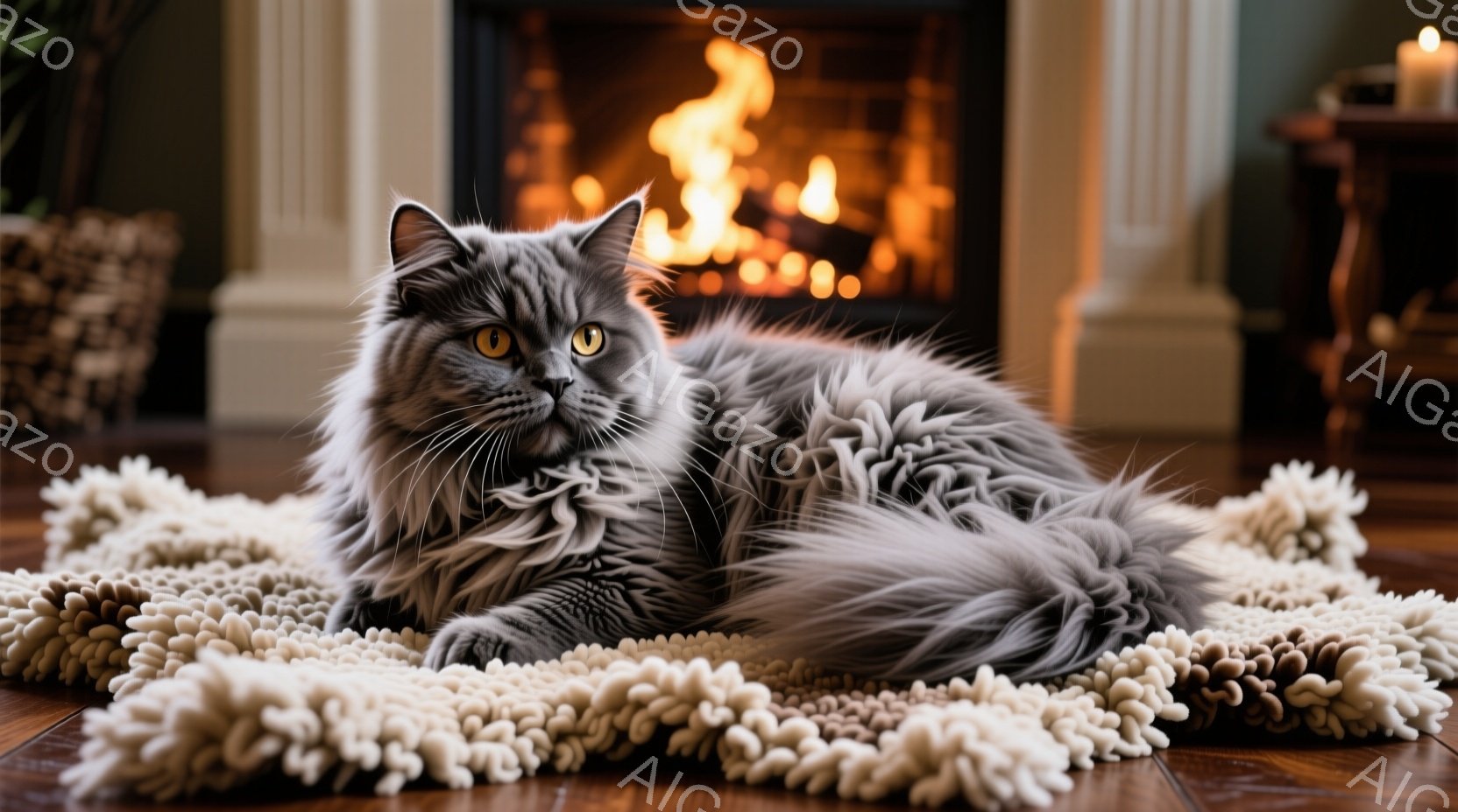 長毛の灰色の猫が、ふわふわの白いラグの上に横たわっています。猫はカメラの方を見ており、落ち着いた表情で、リラックスした姿勢を見せています。背景には暖炉があり、オレンジ色の炎が暖かく、居心地の良い雰囲気を醸し出しています。