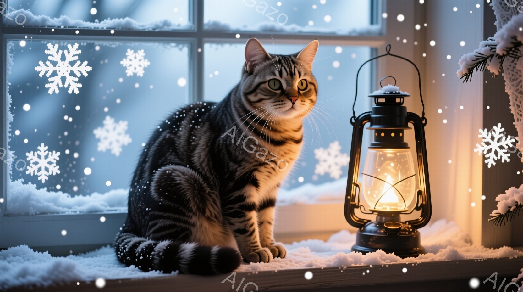縞模様の猫が窓辺に座り、こちらを見ています。窓の外は雪景色で、白い雪片が舞い、冬の静寂な雰囲気が漂っています。隣には点灯したランタンがあり、温かい光が猫と雪景色を照らし出しています。 - AI生成フリー素材