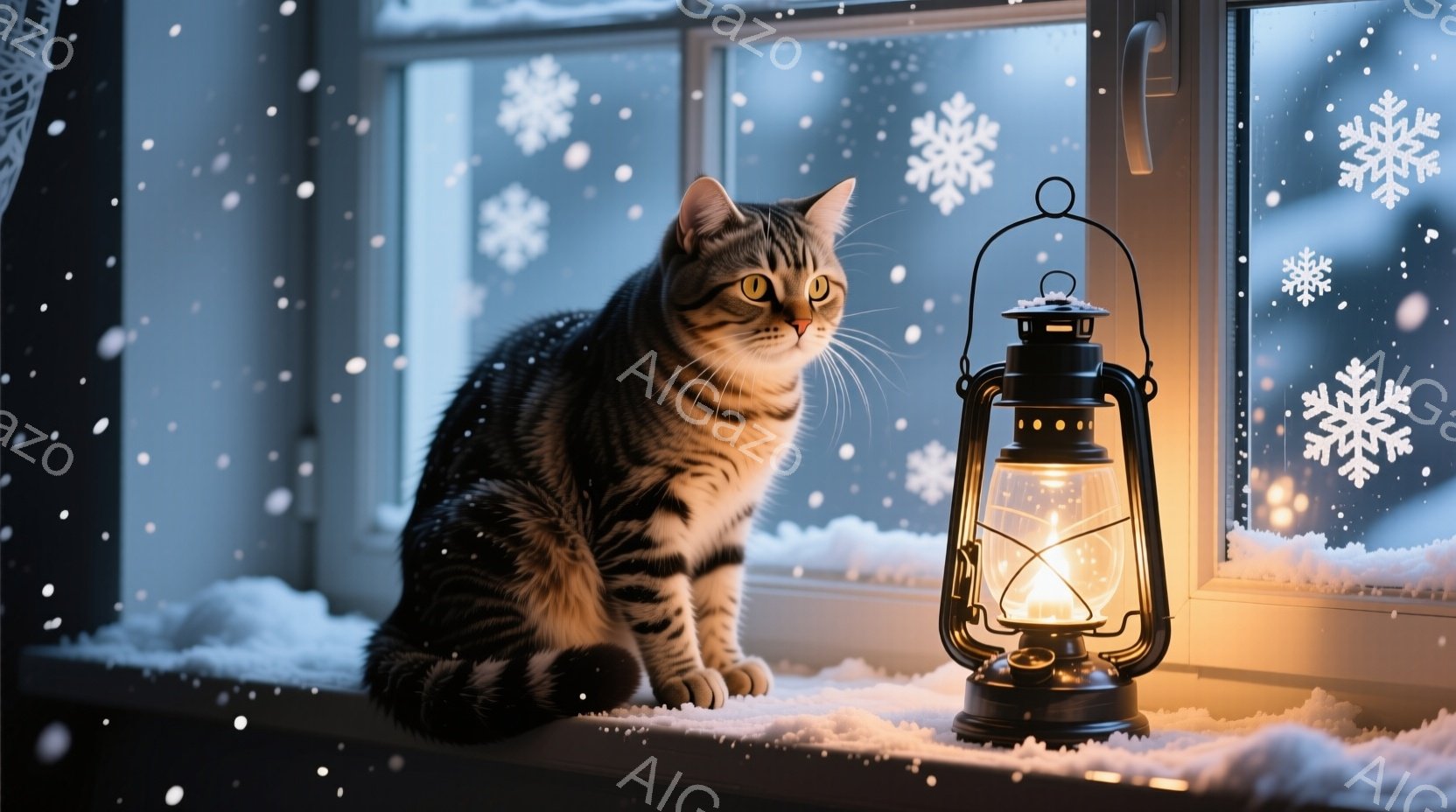 縞模様の猫が窓辺に座り、外を眺めています。窓の外は雪景色で、雪片が舞い、窓には雪の結晶の模様が描かれています。温かい光を放つランタンが猫の隣に置かれ、冬の静かで穏やかな雰囲気を醸し出しています。