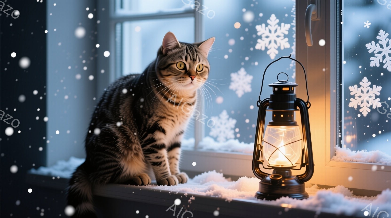 縞模様の猫が窓枠に座り、外を見つめている。窓の外は雪景色で、窓には雪の結晶の模様が貼られている。そばには点灯したランタンがあり、暖かく幻想的な雰囲気を醸し出している。 - AI生成フリー素材