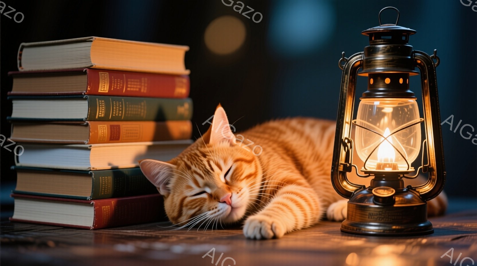 暖炉のような木製のテーブルの上に、オレンジ色の縞模様の猫が横たわっており、至福の表情で目を閉じている。猫の隣には、積み重ねられた本があり、その隣には点灯したランタンが置かれ、温かい光を放っている。 全体的に落ち着いた雰囲気で、読書や休息に最適な、心地よい夜の情景が表現されている。