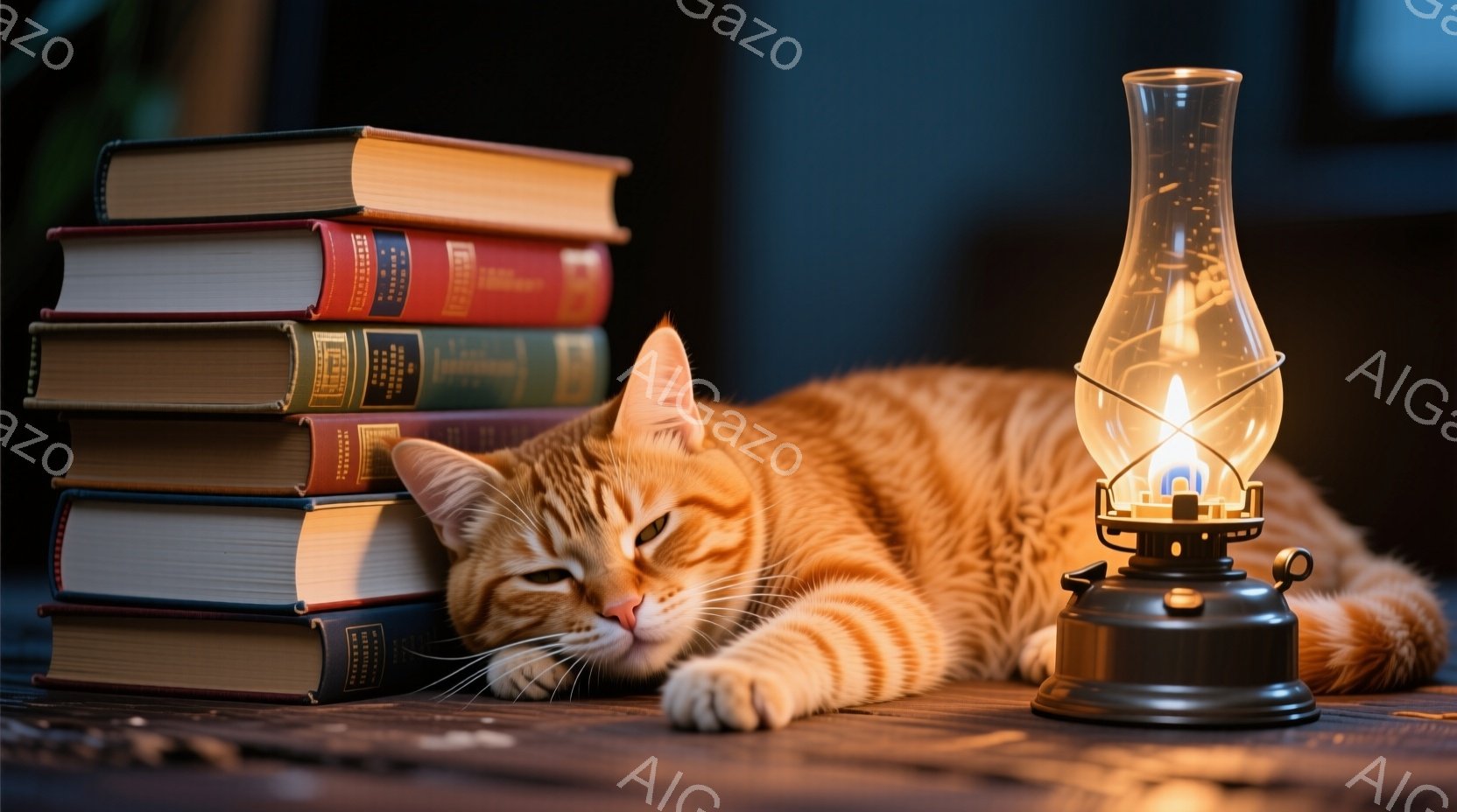 鮮やかなオレンジ色の縞模様の猫が、積み重ねられた古書の上に横たわって眠っています。背後にはオイルランプが灯り、暖かく落ち着いた光を放ち、木製のテーブル上に影を落としています。全体的に、読書と休息の穏やかな雰囲気が漂う、居心地の良い室内シーンです。