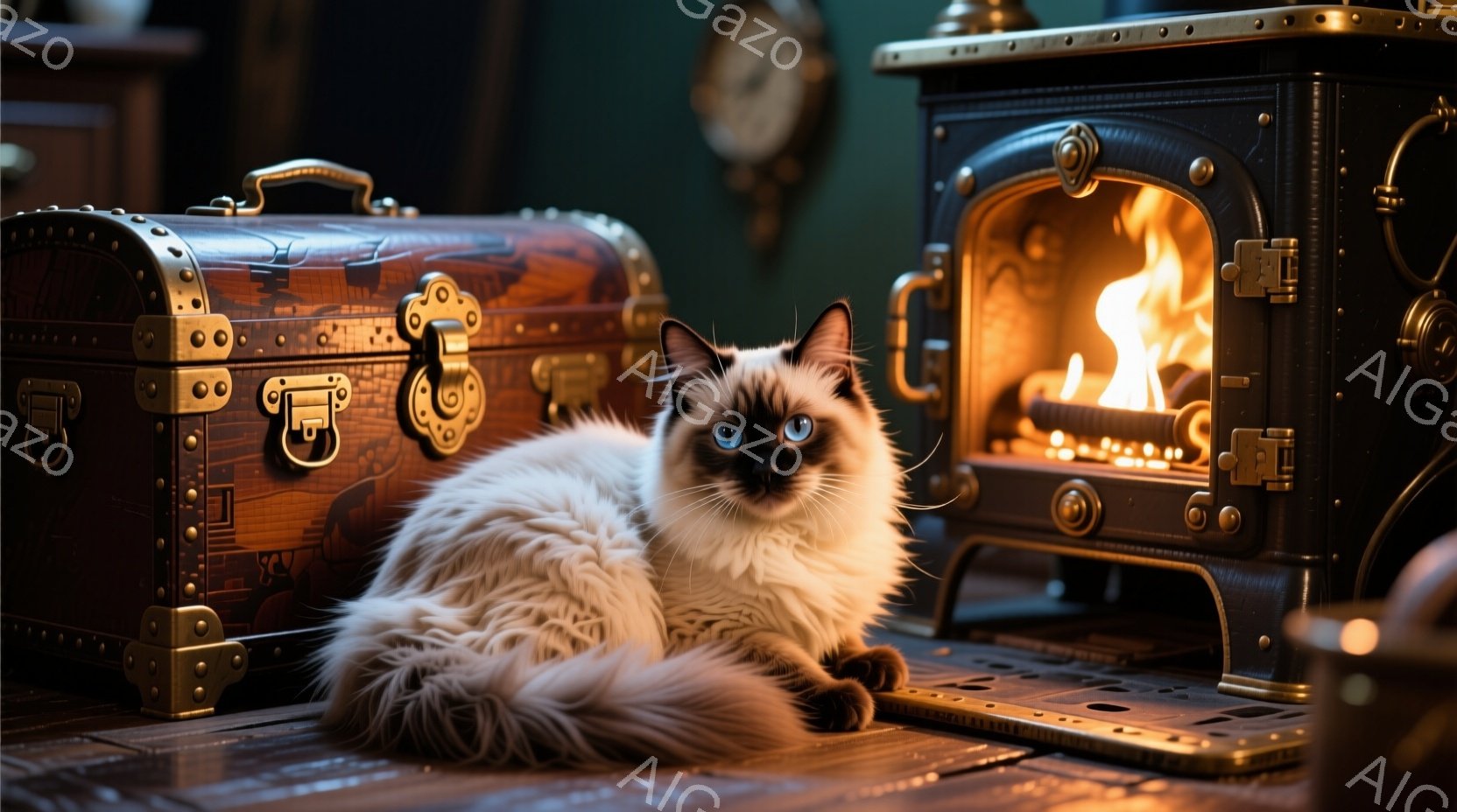 ふわふわのクリーム色の長毛を持つラグドール猫が、アンティーク調の暖炉の前に座っている。猫は深い青い瞳でカメラを見つめ、リラックスした表情を浮かべている。背景には、古風なトランクや装飾が施された暖炉、そして薄暗い室内が広がり、暖かく落ち着いた雰囲気を醸し出している。
