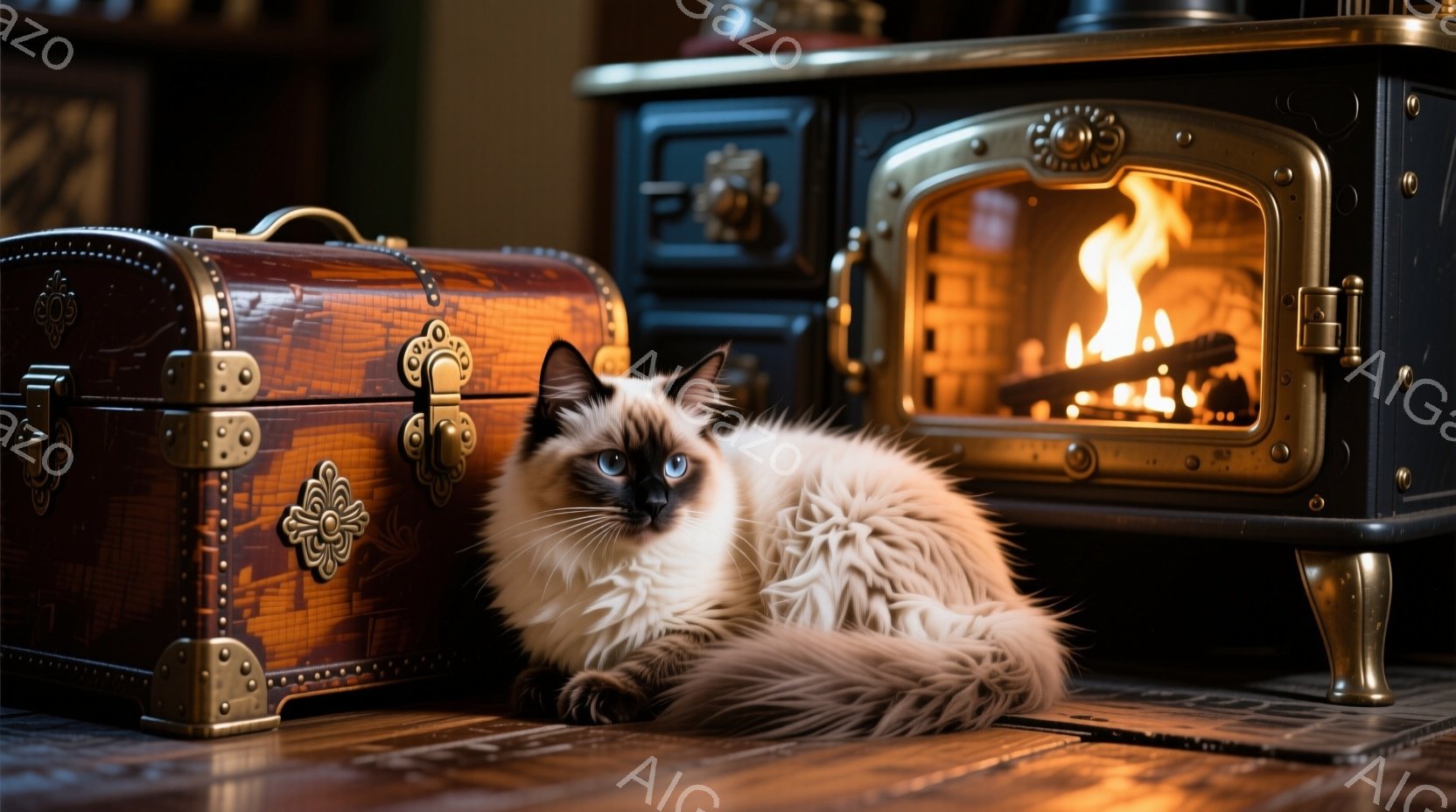 白と茶色の美しいシャム猫が、アンティーク調のトランクの横でリラックスして座っています。暖炉の炎が猫を暖かく照らし、部屋全体に温かい光を投げかけています。木製の床と暖炉の存在が、居心地の良い暖炉のある空 - AI生成フリー素材
