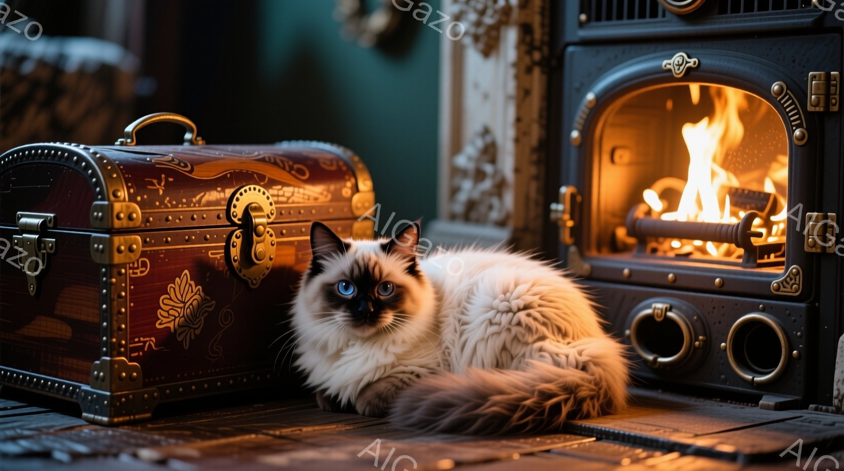 ふわふわのペルシャ猫がアンティークの木箱の横で丸まって座っています。背景には暖炉があり、炎が暖かく光を放っています。全体的に、暖かく落ち着いた雰囲気で、冬の夜の快適さを感じさせます。