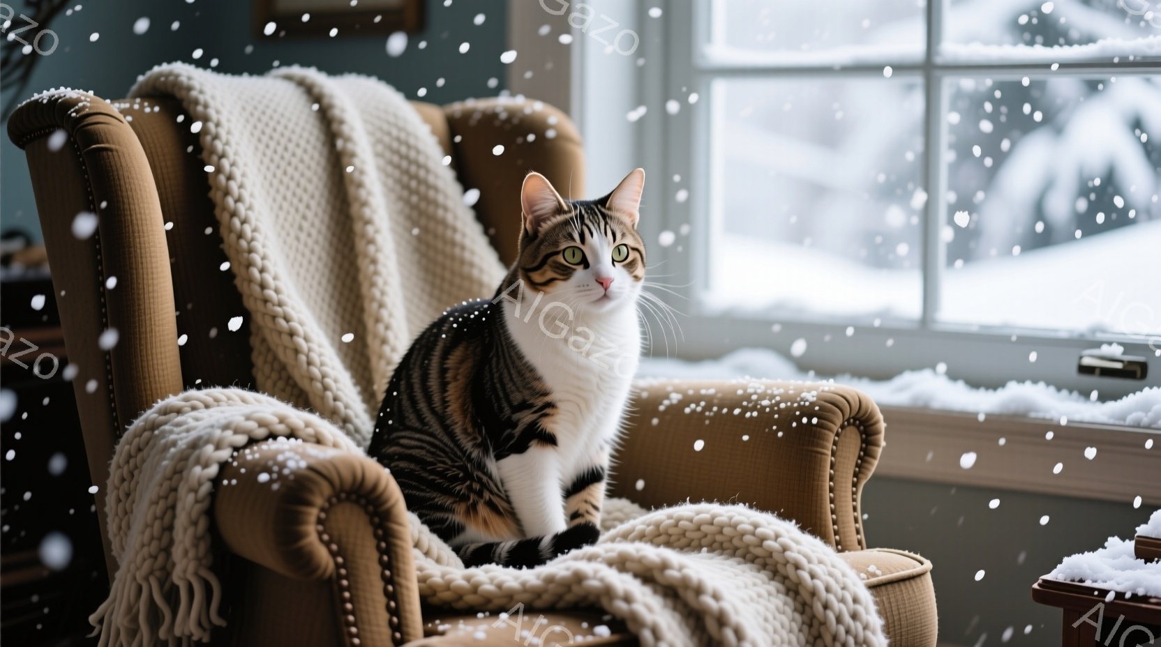 白と黒の縞模様の猫が、ベージュ色の肘掛け椅子の座席に座ってこちらを見ています。窓の外は雪が降っており、暖炉のそばにあるサイドテーブルが見えます。全体的に暖かく、心地よい冬の日の雰囲気が漂っています。