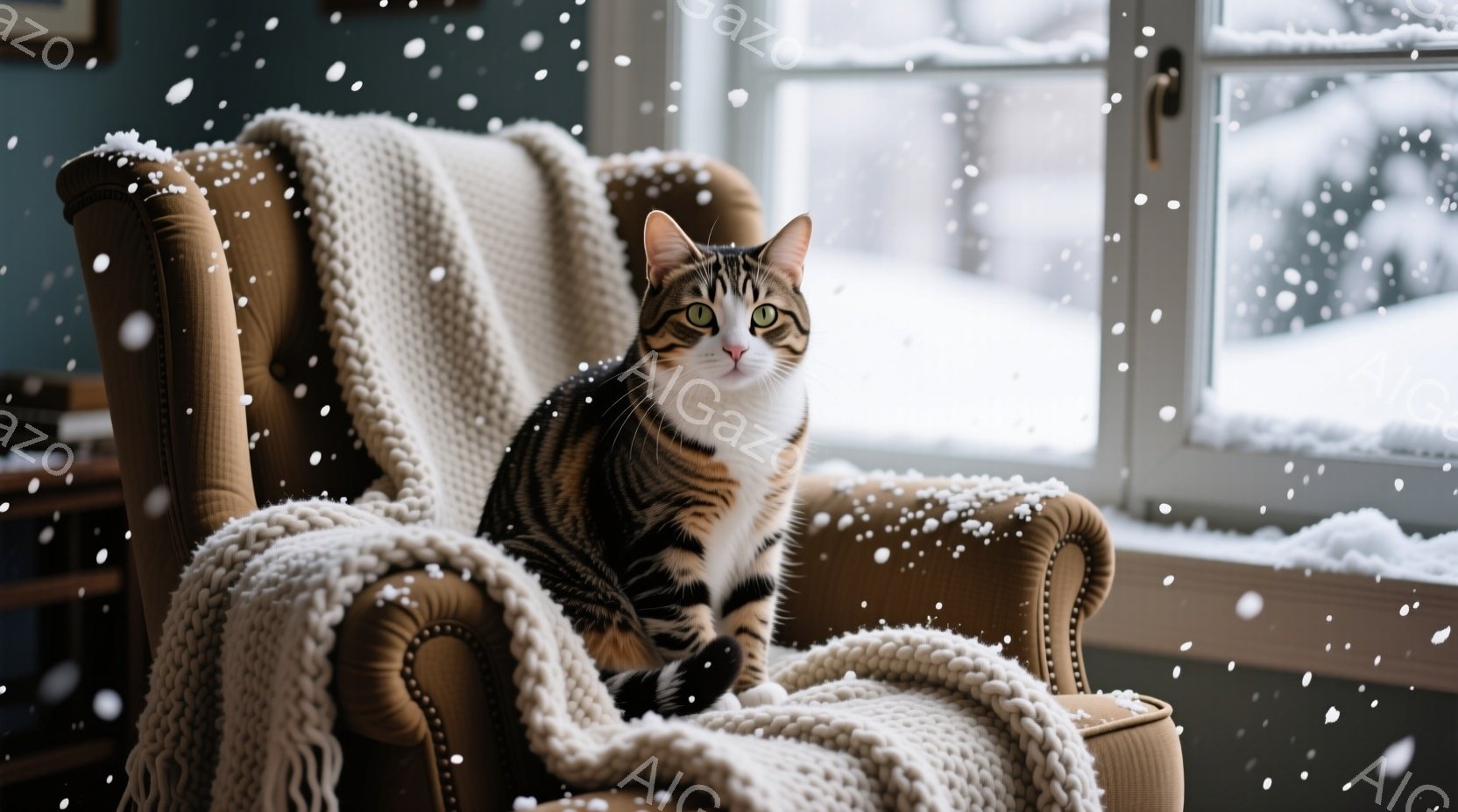 白と茶色の縞模様の猫が、暖炉のような茶色の肘掛け椅子の座席に座って正面を見ています。柔らかい編み物のブランケットが椅子に掛けられており、背景には雪が降る冬の風景が見える窓があります。全体的に、暖かく穏 - AI生成フリー素材