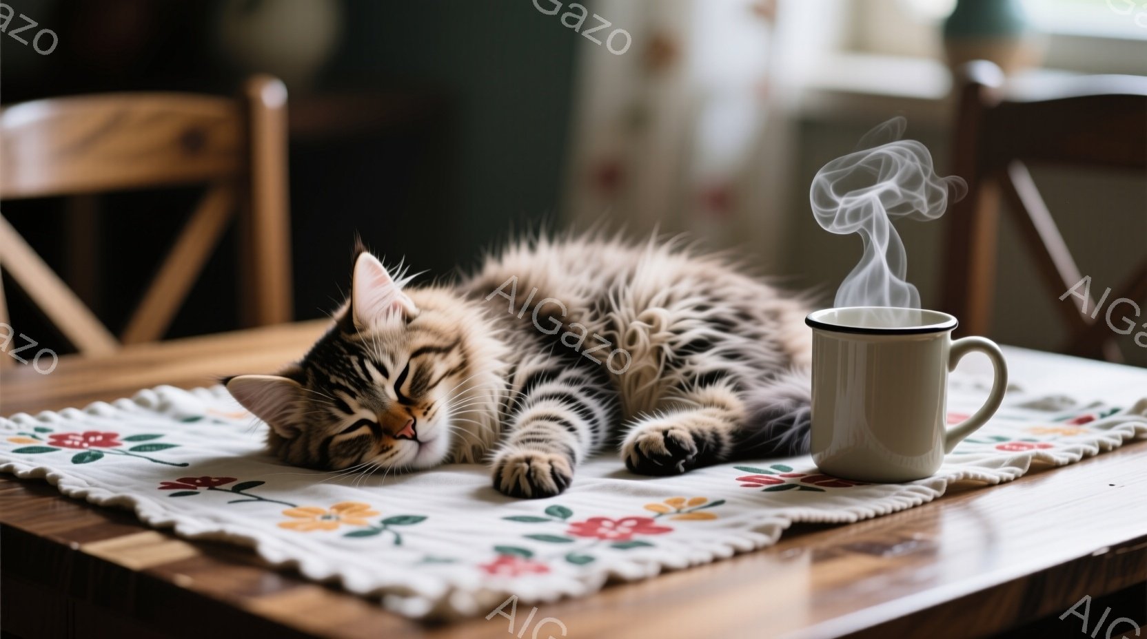 縞模様の猫が、花柄のテーブルクロスの上で丸まって眠っています。隣には湯気が立ち上る白いマグカップがあり、木製のテーブルが猫とマグカップを支えています。全体的に穏やかで暖かい雰囲気が漂い、リラックスしたひとときが感じられます。