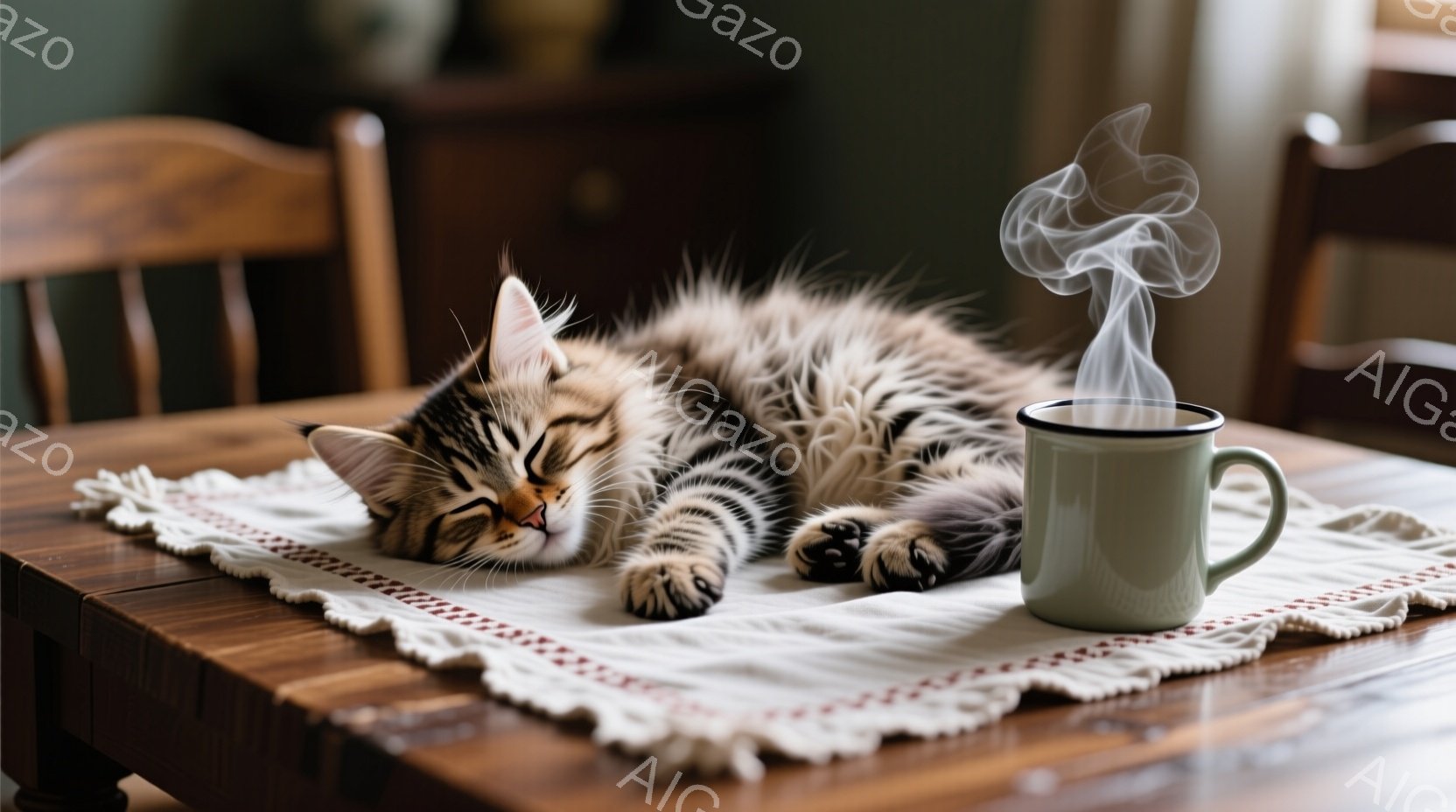 明るい木製のテーブルの上に、縞模様のふわふわとした子猫が仰向けに寝そべっています。子猫は目を閉じ、リラックスした様子で、小さな肉球を広げています。テーブルの上には、湯気が立ち上る緑色のマグカップがあり - AI生成フリー素材