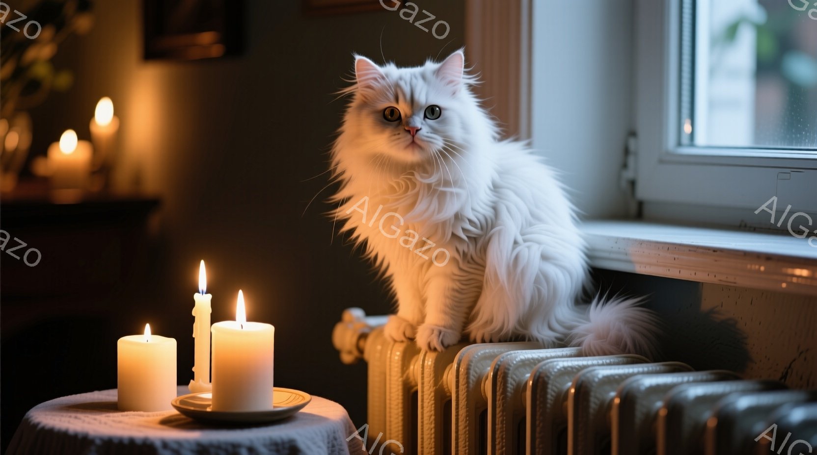 白い長毛の猫が窓辺の暖房器具に座り、正面を見つめている。暖房器具の隣には、白いキャンドルが置かれた小さなテーブルがあり、ろうそくの炎が周囲を照らしている。背景は暗く、穏やかで落ち着いた雰囲気を醸し出し - AI生成フリー素材