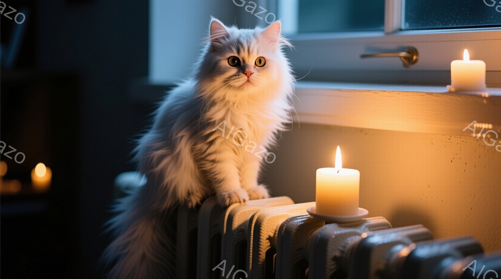 白い毛並みの猫が、暖房器具の上でこちらを見ています。猫の目は金色に輝き、少し警戒しているような表情をしています。背景にはロウソクの光が灯り、雨の日の窓辺という、静かで温かい雰囲気を醸し出しています。
