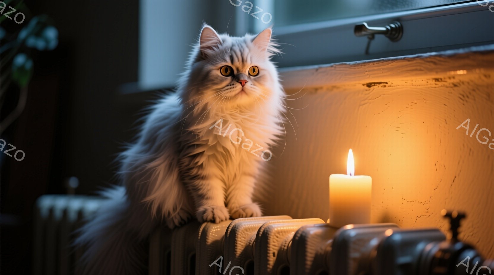 白い長毛の猫が、古びたラジエーターの上に座ってこちらを見ている。猫は大きな緑色の瞳を持ち、暖かく穏やかな光が猫の毛並みを照らし出している。背景にはぼんやりと窓枠が見え、テーブルの上には灯されたキャンド - AI生成フリー素材