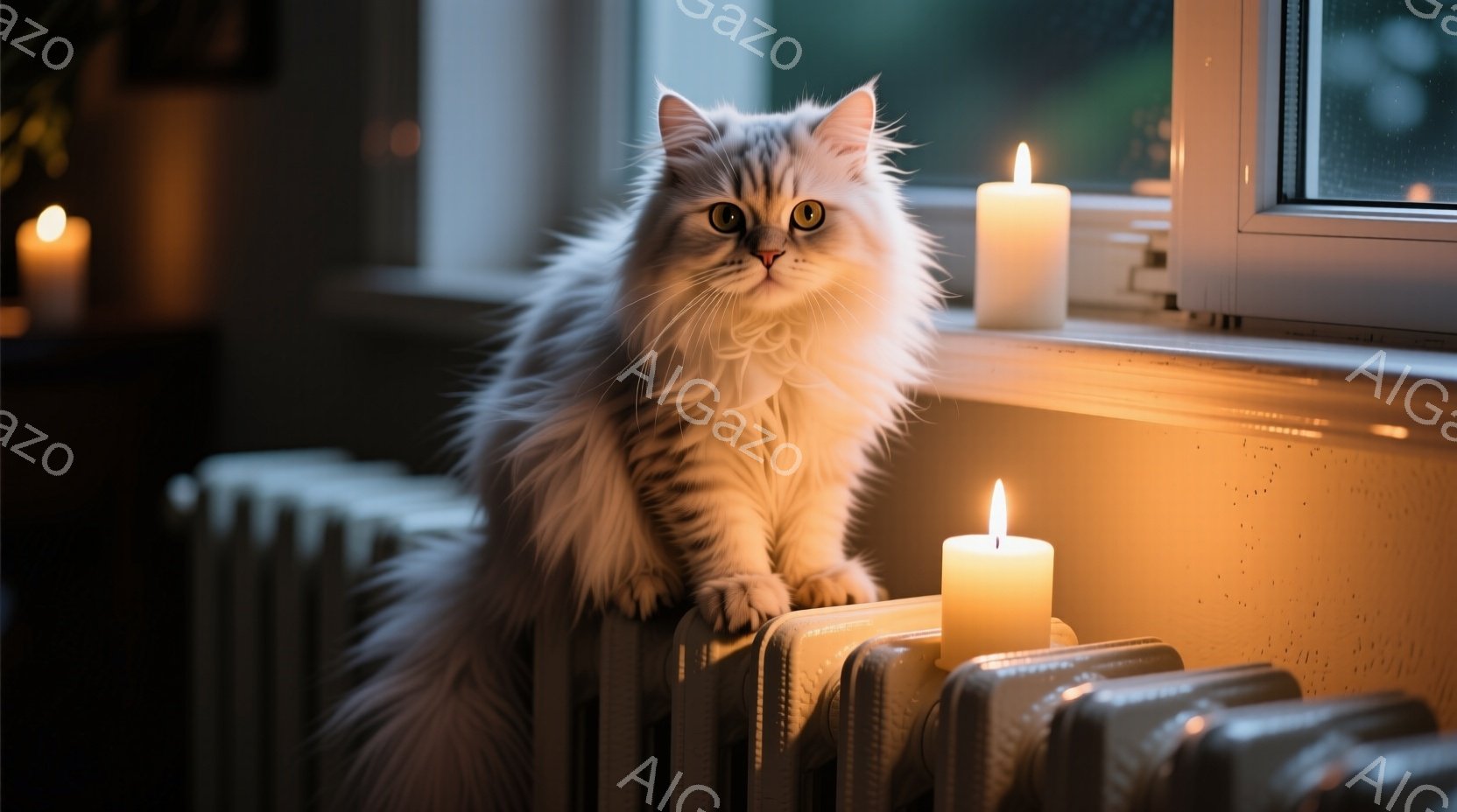 ふわふわの灰色の長毛猫が、暖房器具の上で前足を揃えて座っている。窓の外は暗く、ぼやけた光が見え、室内には数本の灯されたキャンドルが温かい光を投げかけている。猫は落ち着いた表情で、穏やかで静かな雰囲気を醸し出している。