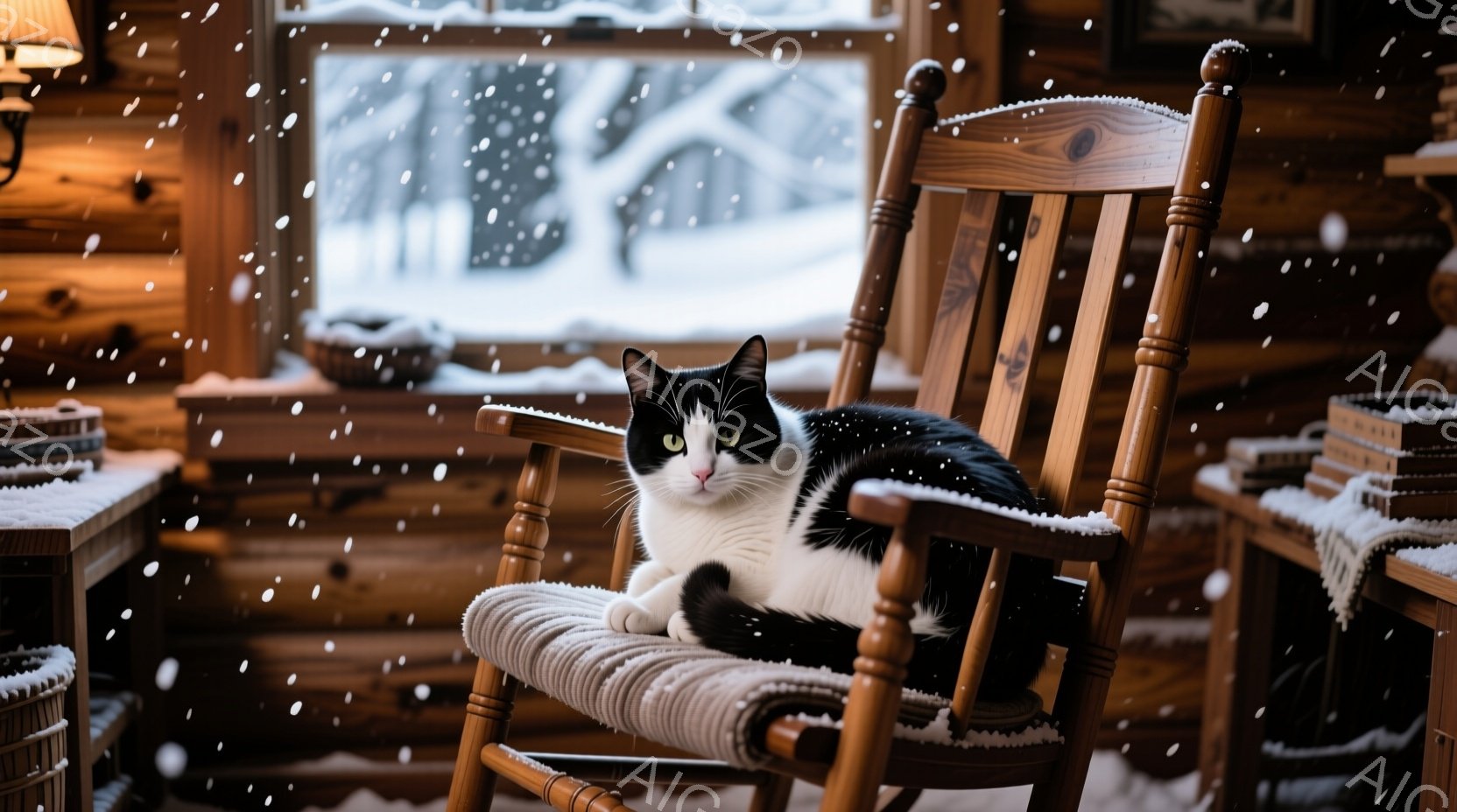 茶色の籐製の籠の中に、縞模様の猫が丸まって眠っています。猫はリラックスした表情で、白い編み物のセーターに顔を埋めています。背景には木の床と白いラジエーターが見え、暖かく穏やかな室内が表現されています。 - AI生成フリー素材
