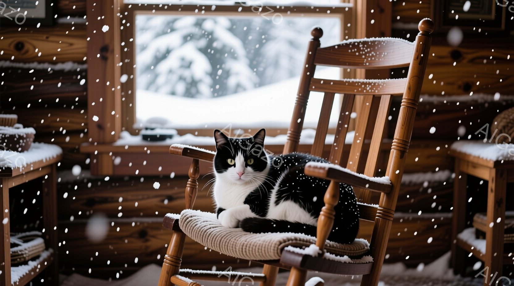 白と黒の猫が、木製のロッキングチェアにゆったりと座っています。窓の外には雪景色が広がり、暖炉のような木の壁が猫を包み込むように背景を彩っています。室内は温かく、雪の降る冬の日の静かで穏やかな雰囲気が漂 - AI生成フリー素材