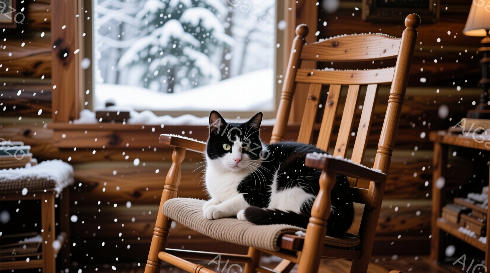 白と黒の猫が、木製のロッキングチェアにゆったりと横たわっている。窓の外は雪景色で、雪が舞い降りているのが見える。室内は木のぬくもりを感じさせるログハウスで、暖かく落ち着いた雰囲気である。 - AI生成フリー素材