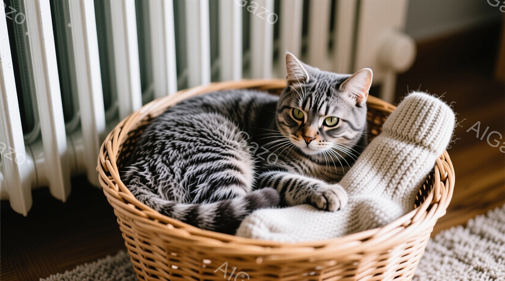 縞模様の猫が、編み物の入った籐の籠の中に丸まって眠っています。猫はリラックスした表情で、穏やかな雰囲気を醸し出しています。背景には白いラジエーターとフローリングがあり、暖かい室内の一場面を表しています - AI生成フリー素材