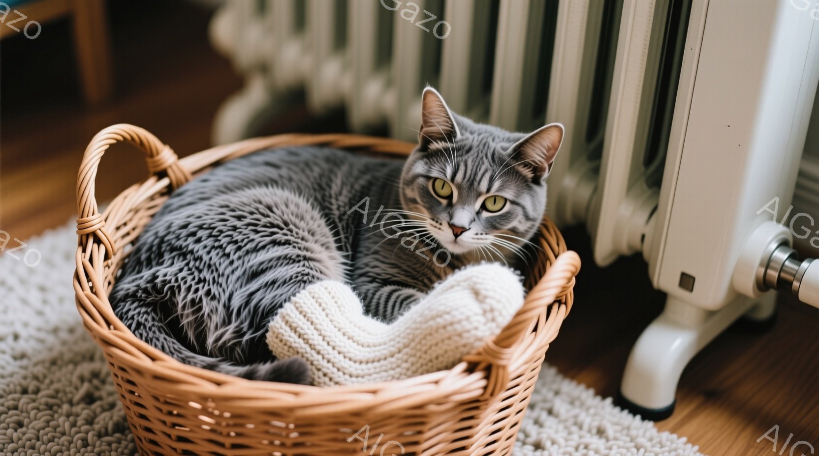 灰色の縞模様の猫が、籐のバスケットの中で丸まって眠っています。その表情はリラックスしており、毛並みは柔らかく見えます。背景にはオフホワイトの暖房器具と、淡い色のカーペットがあり、穏やかで暖かい雰囲気を - AI生成フリー素材