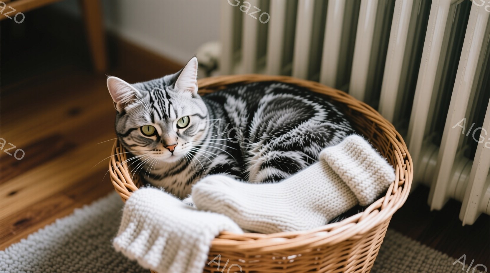 縞模様の猫が、洗濯物がはいった籐製の籠の中に丸まって横たわっています。猫は少し顔を上げてこちらを見ており、リラックスした表情をしています。背景には木の床と暖房器具が見え、室内で穏やかな時間が流れている - AI生成フリー素材