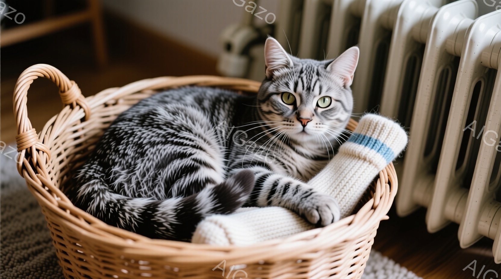 縞模様の猫が、編み物の入った籐の籠の中に丸まってリラックスしています。猫は穏やかな表情で、緑色の瞳が印象的です。背景には白いラジエーターが見え、部屋の温かい雰囲気が伝わってきます。