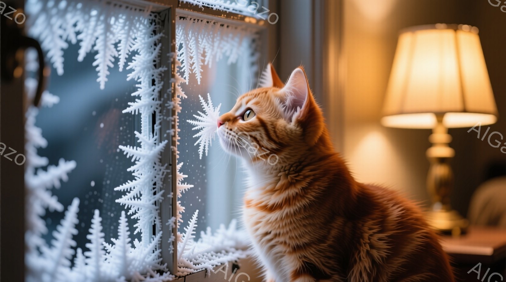 鮮やかなオレンジ色の毛並みの猫が、窓の外を見上げています。窓には雪の結晶のような模様が描かれており、室内は暖色系の照明で照らされています。猫は好奇心旺盛な表情で、何か面白いものを見つけようとしているよ - AI生成フリー素材