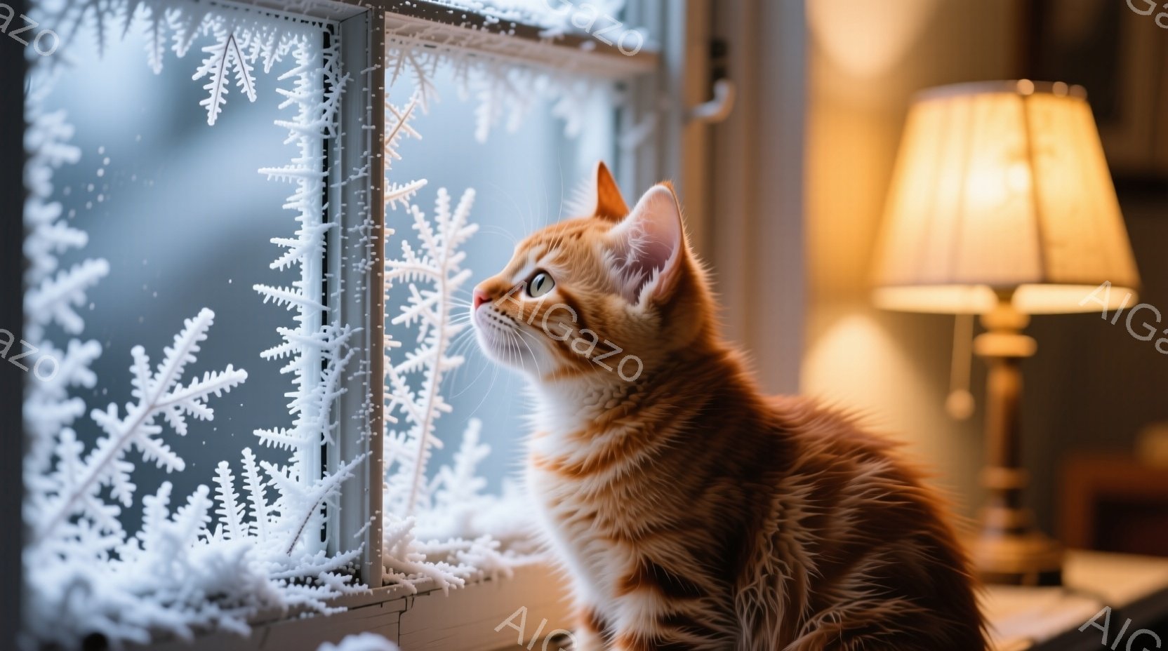 窓枠に座ったオレンジ色の毛並みの猫が、外の雪景色を見上げています。猫は少し首をかしげたような表情で、好奇心旺盛そうに見えます。室内は暖かく、窓の外は雪が降り積もり、冬の穏やかな雰囲気が漂っています。 - AI生成フリー素材