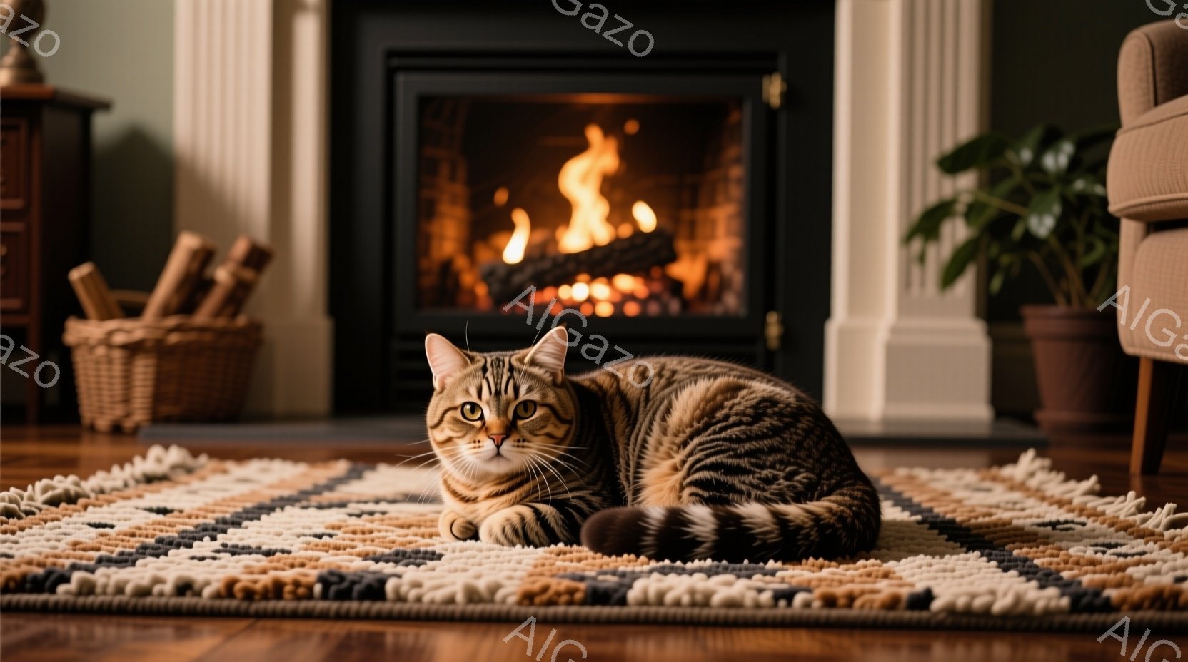 縞模様の猫が、色とりどりの幾何学模様のラグの上に丸まって座っています。暖炉が背景にあり、炎が暖かく光を放ち、居間には落ち着いた雰囲気が漂っています。籐製のバスケットに薪が入れられており、植物が暖炉の横 - AI生成フリー素材