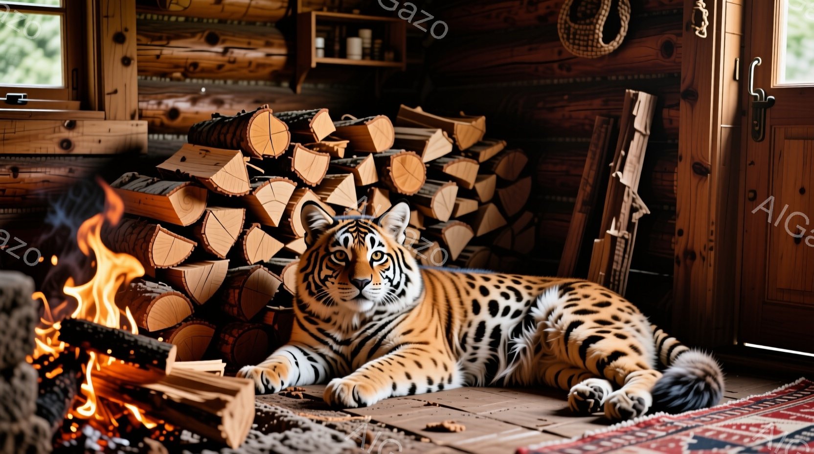 部屋の隅に薪が積み上げられ、その前に大きなトラが横たわっている。トラはリラックスした表情で、正面をじっと見つめており、毛並みは美しく、力強い印象を与える。暖炉の炎が暖かさを添え、木造の壁とペルシャ絨毯 - AI生成フリー素材
