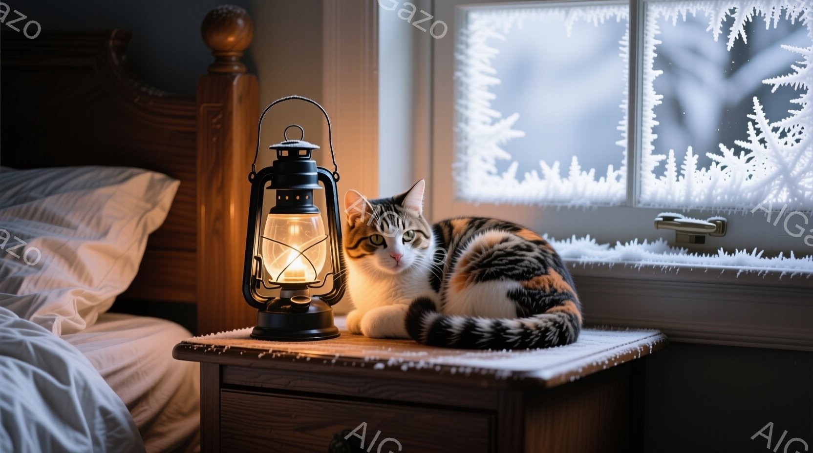 白と茶色の斑点模様の猫が、木製のナイトテーブルの上で丸まって眠っています。テーブルの上には点灯したランタンがあり、猫を温かい光で照らしています。背景には雪で覆われた窓とベッドの一部が見え、冬の静かで穏 - AI生成フリー素材