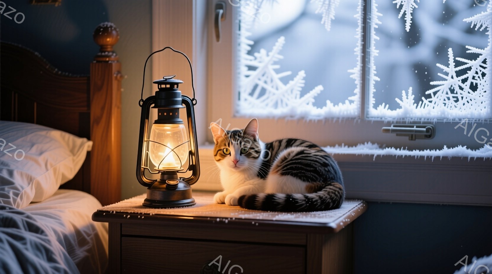 白と黒の縞模様の猫が、霜で覆われた窓のそばのナイトスタンドに丸まって横たわっています。ナイトスタンドの上には、点灯したランタンが置かれており、温かい光を放っています。背景にはぼやけたベッドヘッドボード - AI生成フリー素材