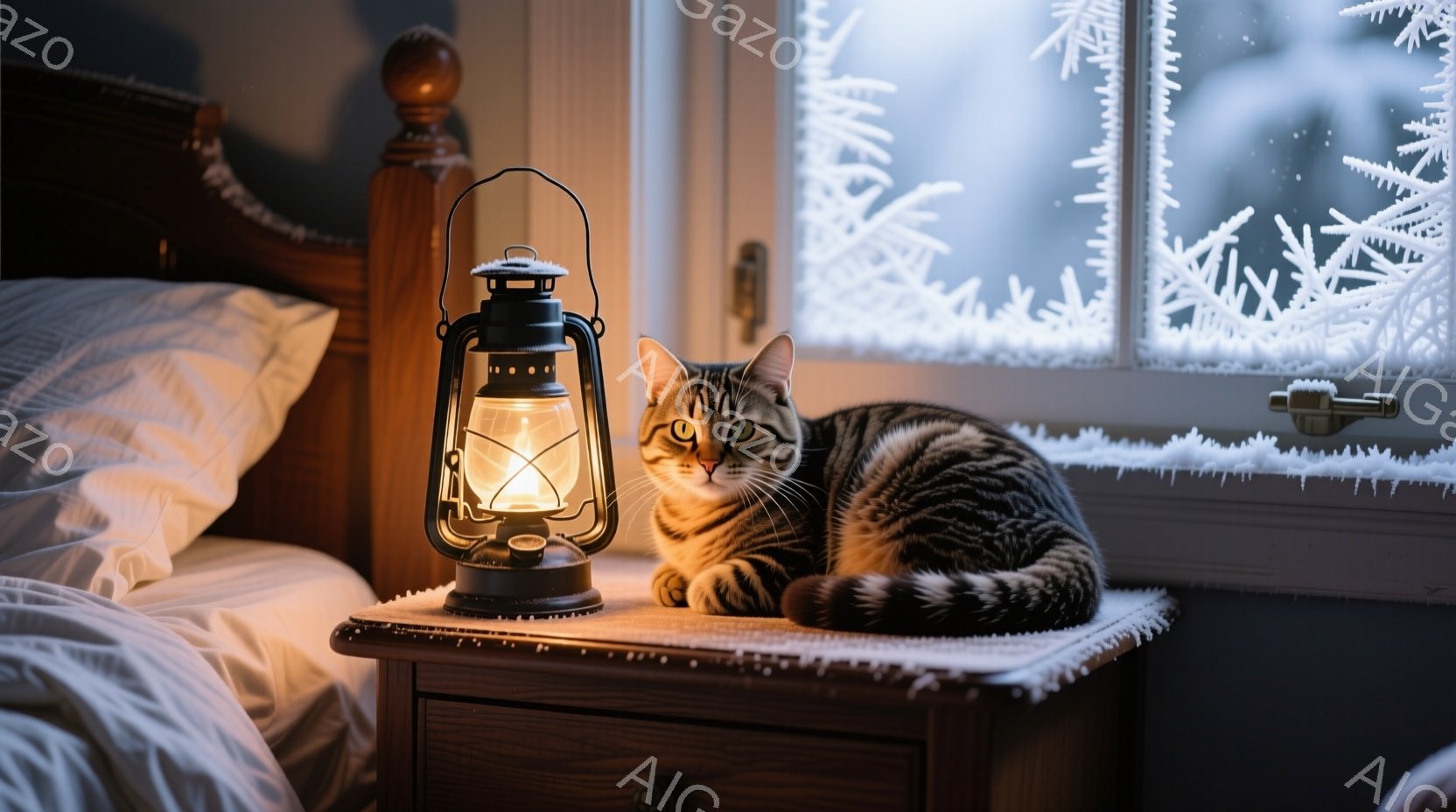 縞模様の猫が、ベッドサイドテーブルの上で丸まって休んでいます。テーブルの上には古いランタンが置かれ、暖かな光を放っています。窓は霜で覆われ、冬の静寂と暖かさの対比が、落ち着いた雰囲気を醸し出しています - AI生成フリー素材