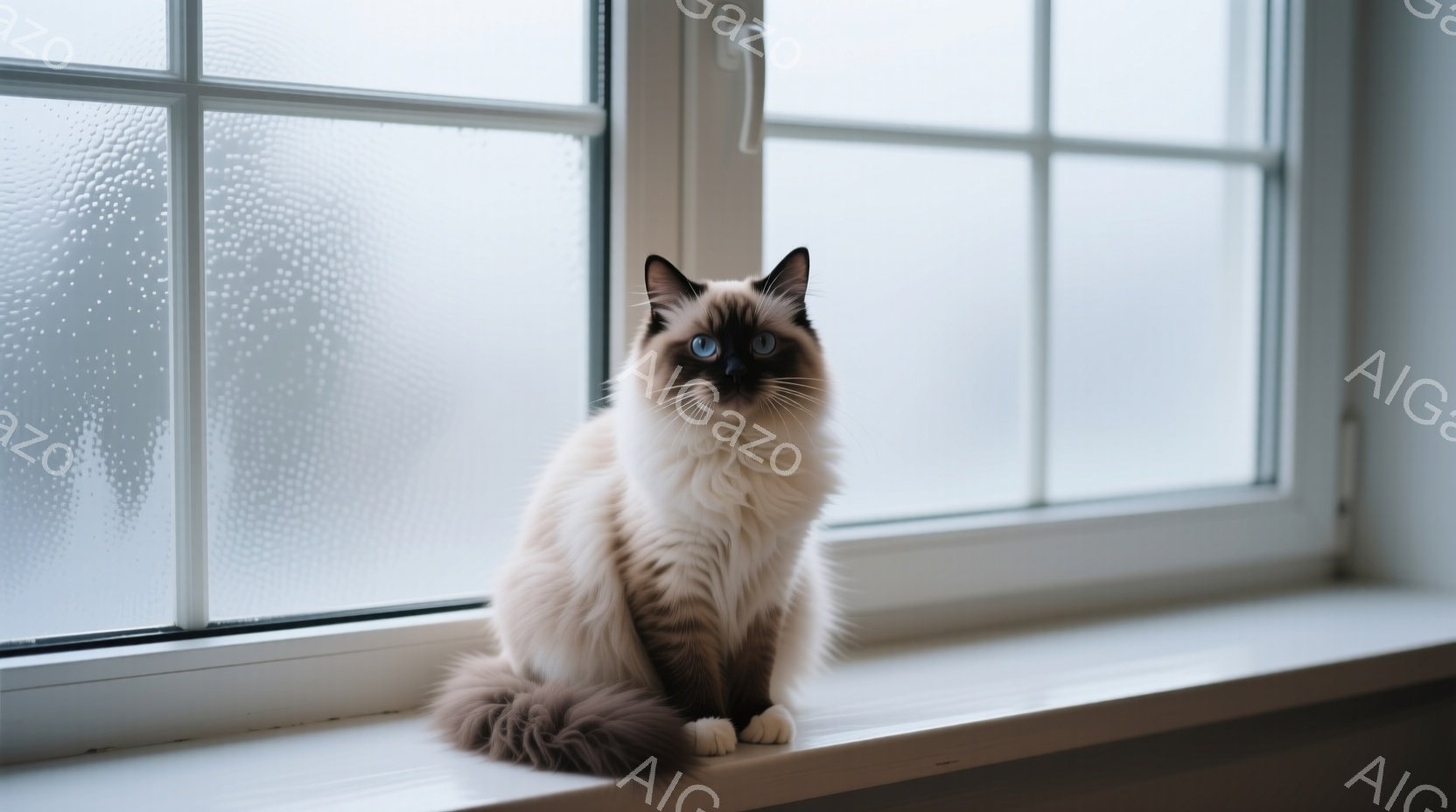 ふわふわとしたクリームと茶色の毛並みを持つ、美しいシャムミックスの猫が、窓枠に座って正面を見つめている。窓ガラスは曇っており、外の景色は見えないが、室内は明るく、猫の毛並みが際立っている。猫は上品で落ち着いた雰囲気で、静かに何かを見つめているようだ。