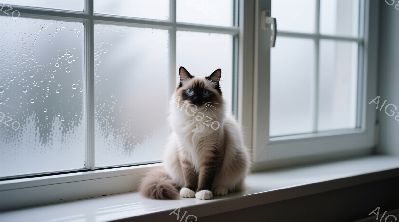 白い窓枠に、美しいクリーム色のラグドール猫が座っています。鮮やかな青い瞳が印象的で、少し物憂げな表情をしています。背景の窓には雨粒がつき、薄暗く静かな室内で、猫は雨の音を聴きながら物思いにふけっているような雰囲気です。