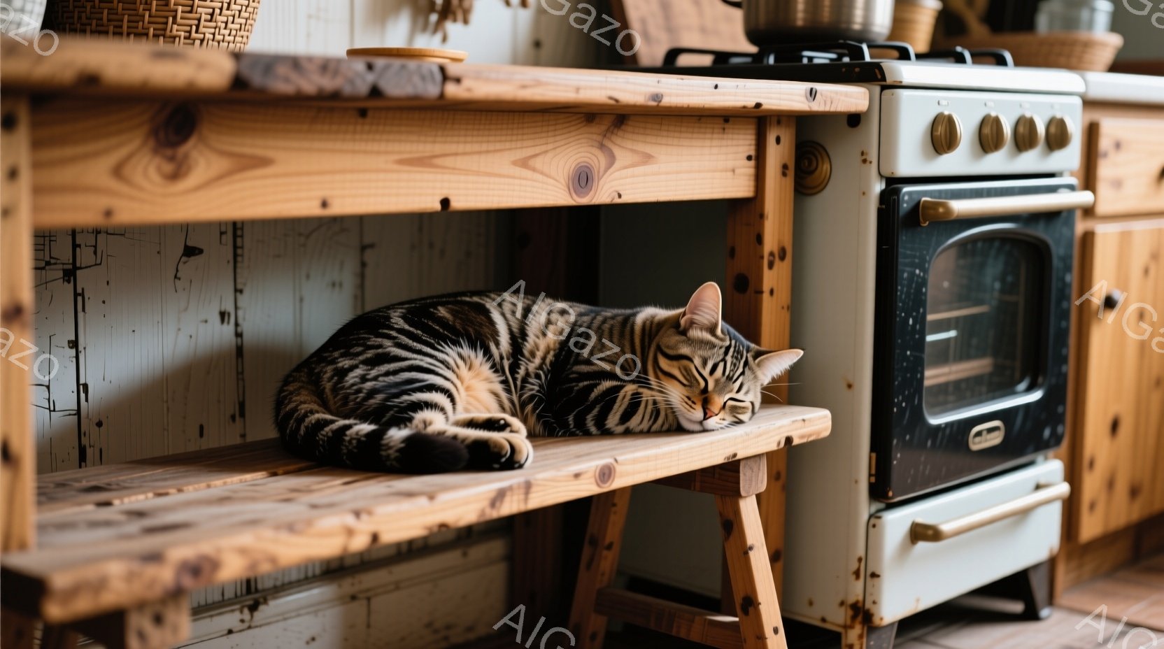 縞模様の猫が、木製の棚の上でゆったりと横たわっています。背景には、オフホワイトのレトロなガスレンジと木製の棚が続き、温かみのあるキッチンの一角を構成しています。全体的に、リラックスした雰囲気で、落ち着 - AI生成フリー素材