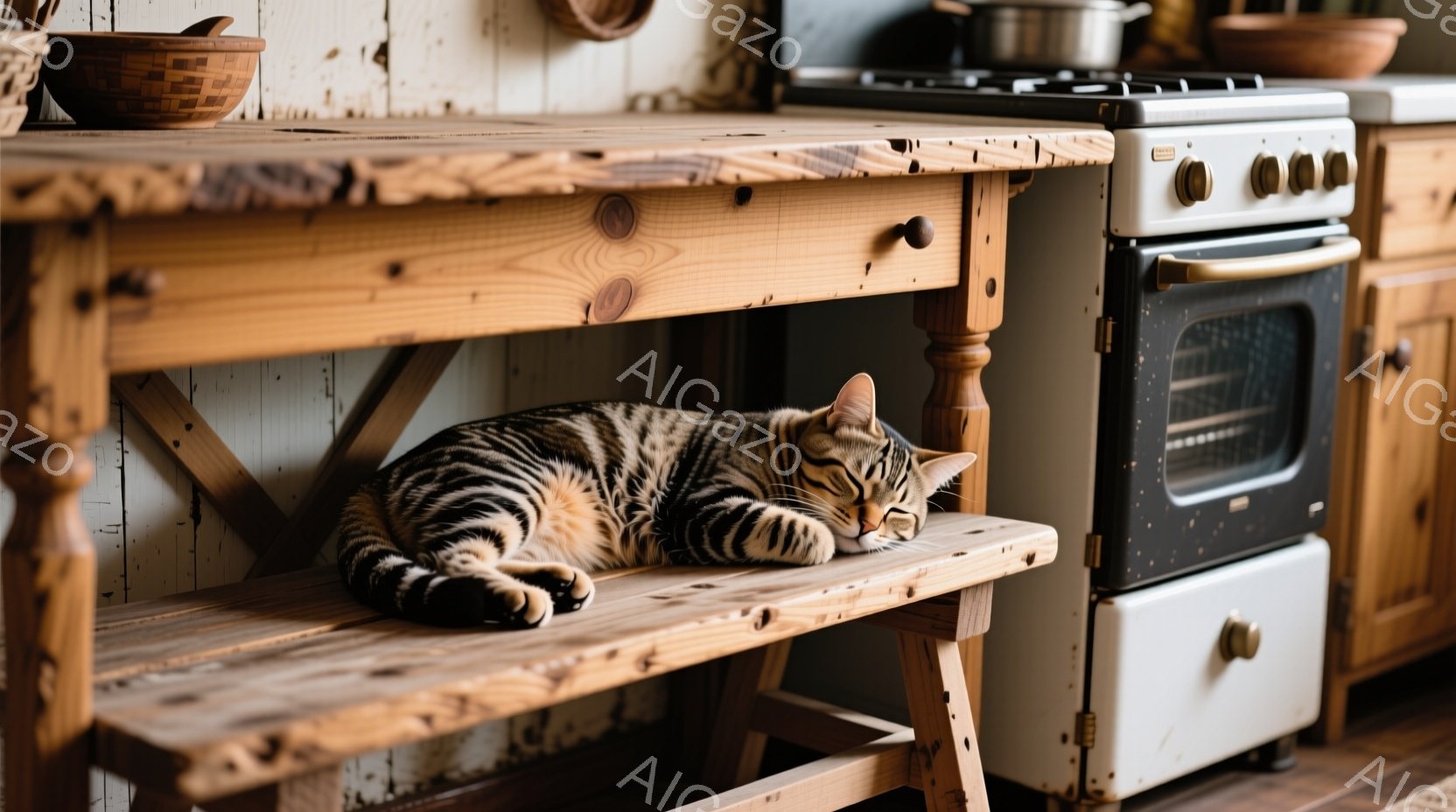 明るいキッチンに、縞模様の猫が木製の棚の下で丸まって眠っています。猫はリラックスした姿勢で、穏やかな雰囲気を醸し出しています。背景にはクリーム色のキッチンキャビネットとガスレンジが見え、暖かく居心地の良い空間が表現されています。
