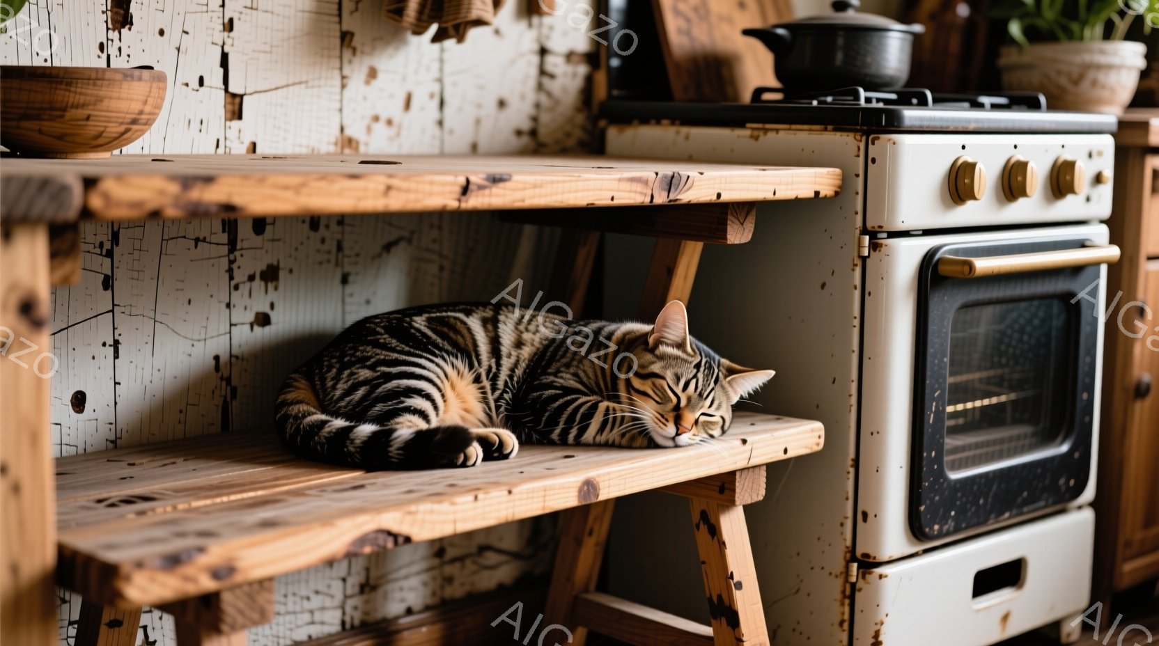 縞模様の猫が木製の棚の上で丸まって眠っています。背景にはクリーム色の古い様式のストーブがあり、素朴な木の壁が猫の穏やかな休息を際立たせています。全体的に、暖かく居心地の良い家庭的な雰囲気が漂っています - AI生成フリー素材