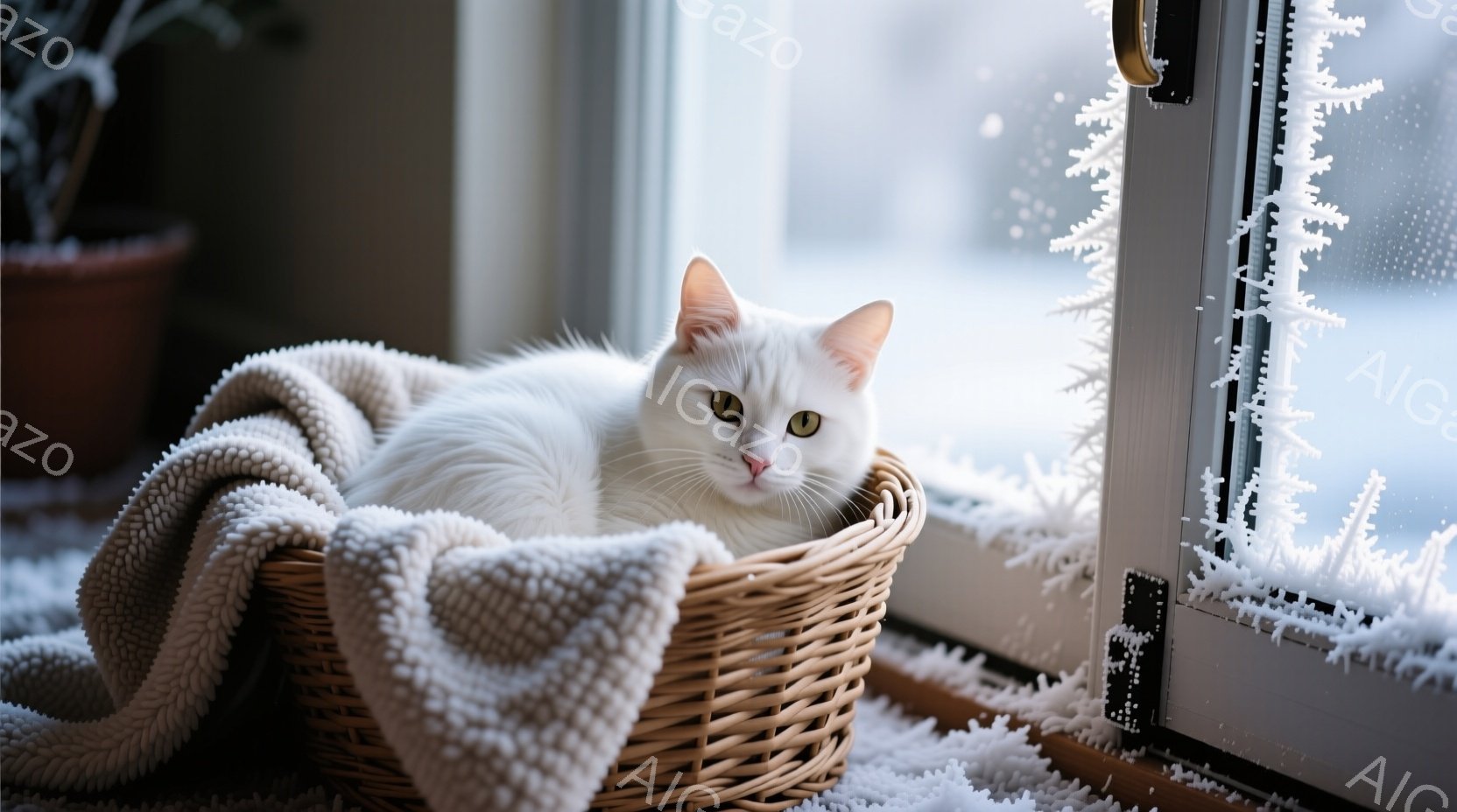 白い猫が編み物のバスケットの中に丸まって眠っています。窓の外は雪景色で、窓ガラスには霜が降りており、冬の寒さを感じさせます。猫の表情は穏やかで、暖かく心地よい空間でリラックスしている様子が伝わってきます。