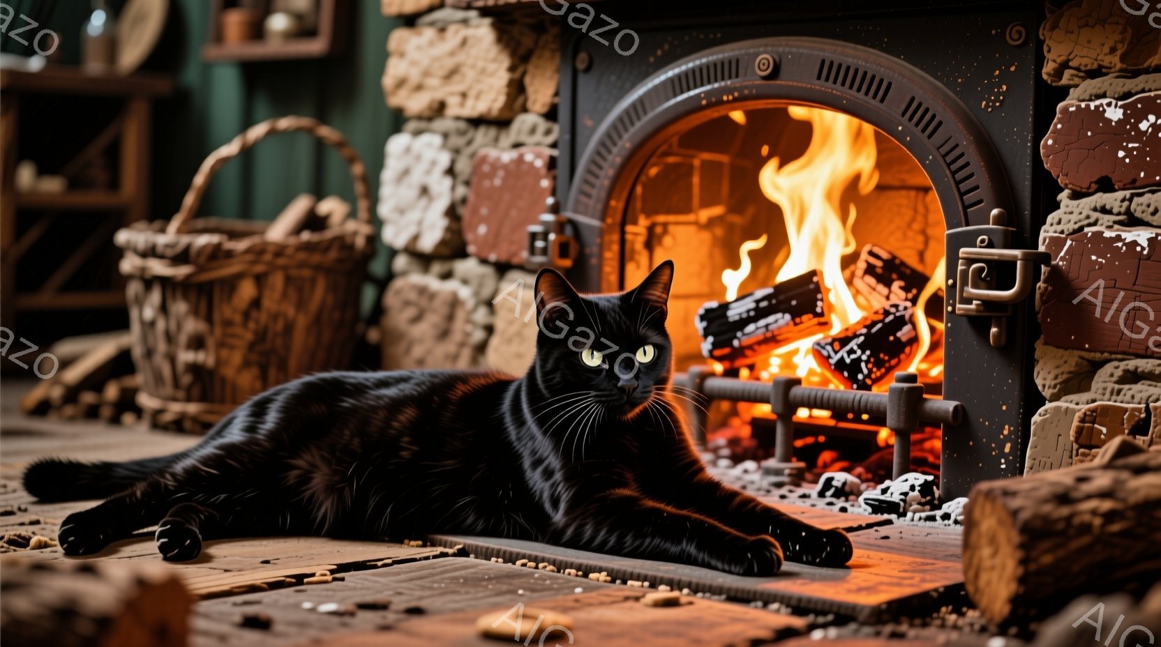 黒猫がレンガの暖炉の前でリラックスして横たわっています。暖炉からは炎が燃え盛り、猫を暖かく照らし出しています。背景には木製の棚と薪があり、温かく居心地の良い雰囲気が漂っています。 - AI生成フリー素材