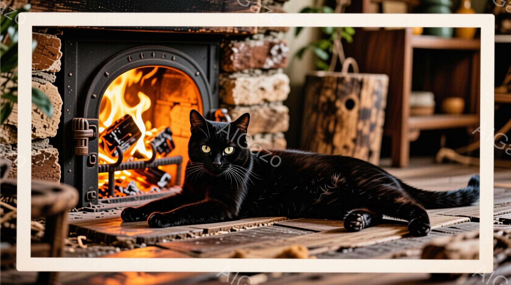 黒い猫が暖炉の前にあるレンガの台の上に横たわっています。猫はリラックスした様子で、落ち着いた表情でカメラを見つめており、暖かい光がその美しい毛並みを照らしています。背景には、暖炉の炎が燃え盛る様子や、 - AI生成フリー素材