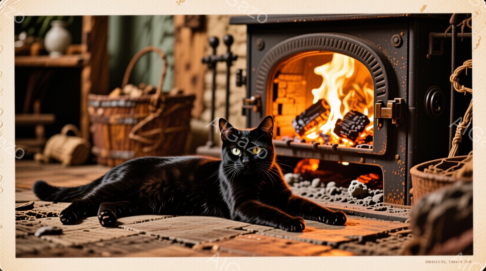 黒猫がレンガ造りの床に横たわり、リラックスした様子で正面を見つめている。暖炉は燃え盛っており、周囲には薪と暖炉用具が置かれ、居心地の良い雰囲気を醸し出している。背景には籐で編まれたバスケットや暗い壁が - AI生成フリー素材